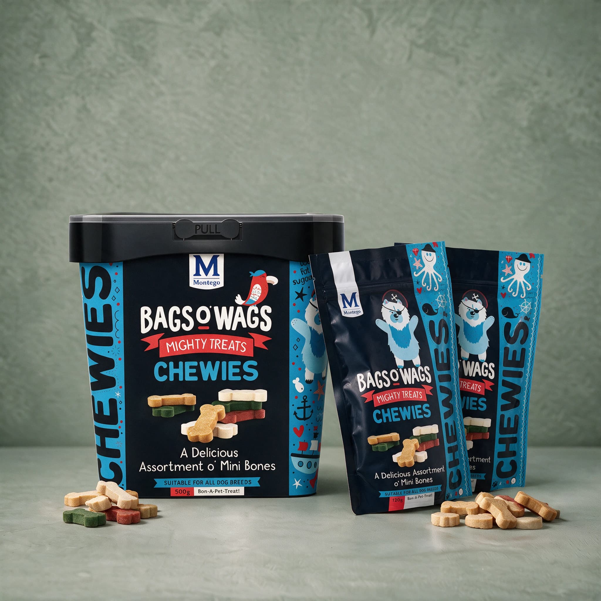 A black plastic 500 g tub of Bags O' Wags Mighty Treats Chewies Mini Bones standing beside two black 120 g pouches of the same flavour, all three packs against a plain sage green studio background.