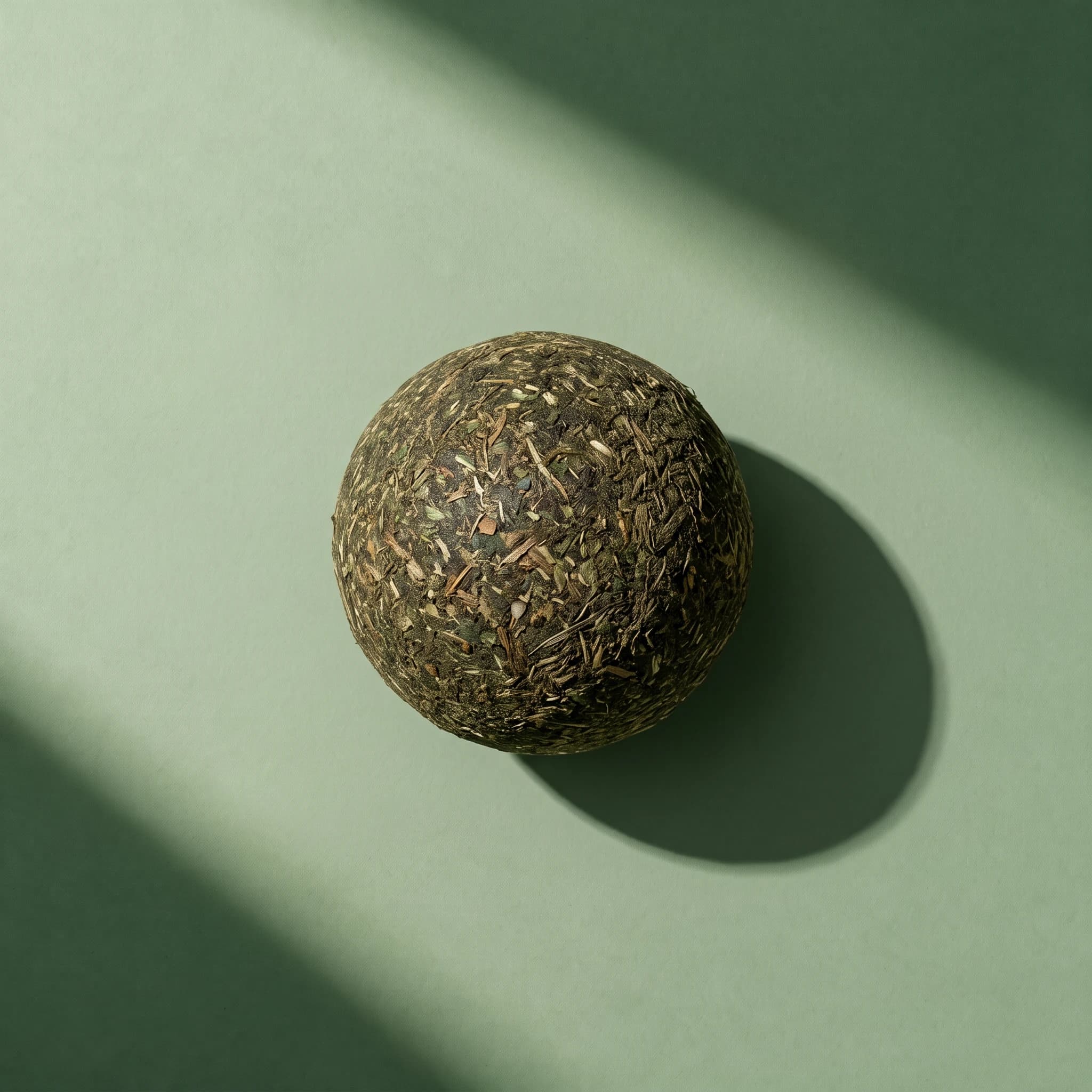Overhead close-up of the round Bonkas Pawbreaker Catnip Candy ball, showing its dense, speckled dried-catnip texture in olive green and brown, sitting on a sage green surface with dramatic diagonal shadow.