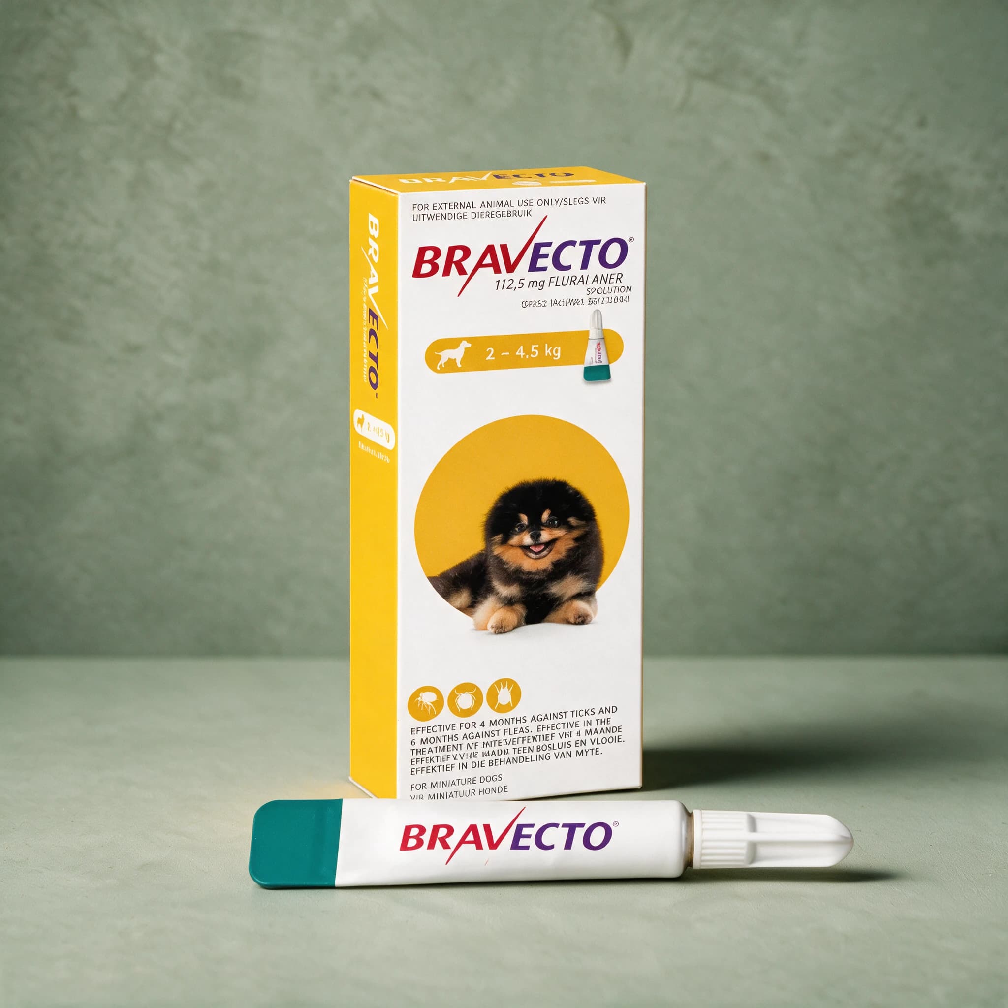 Yellow-accented Bravecto Spot-On for Dogs box, 'For Miniature Dogs' 2-4.5kg pack (112.5mg fluralaner), with the Bravecto logo and a capped applicator tube shown in front of the box.