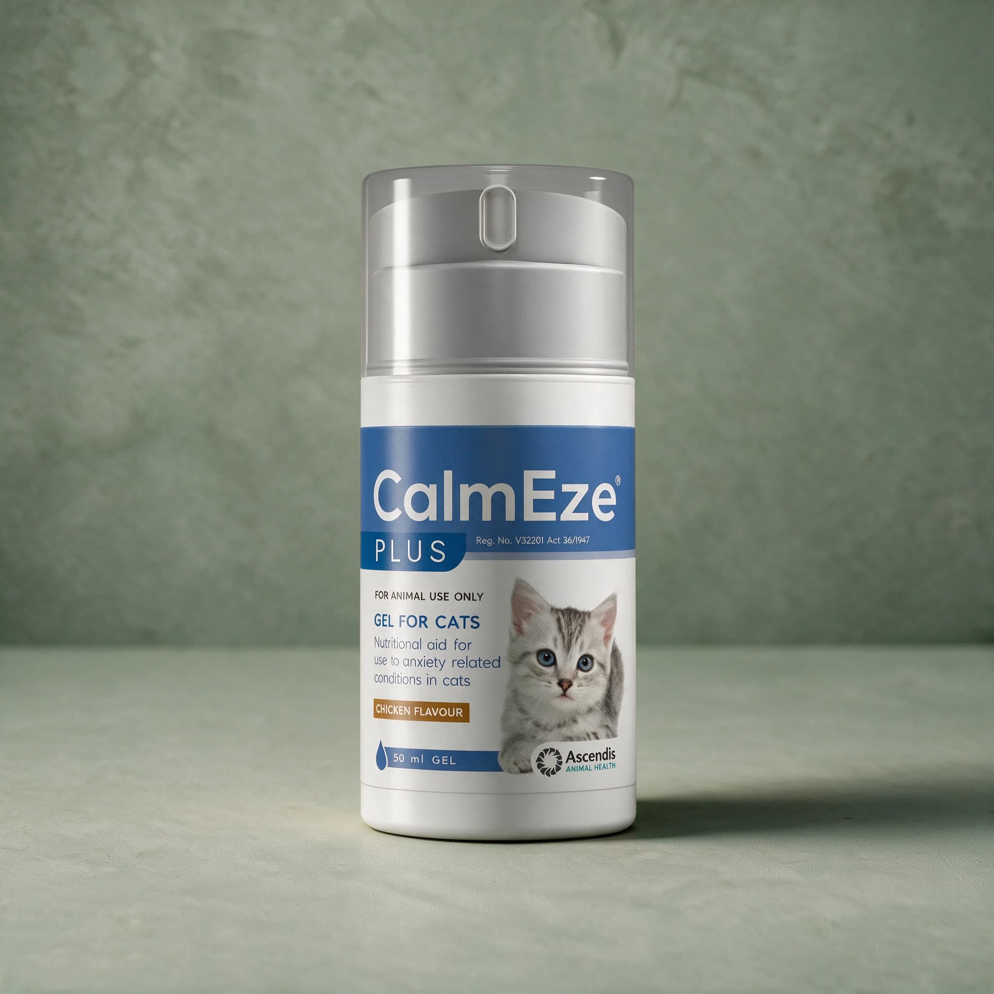 Blue and white 50ml pump-bottle of CalmEze Plus Calming Gel for Cats, chicken flavour, with a calm cat illustration on the label.