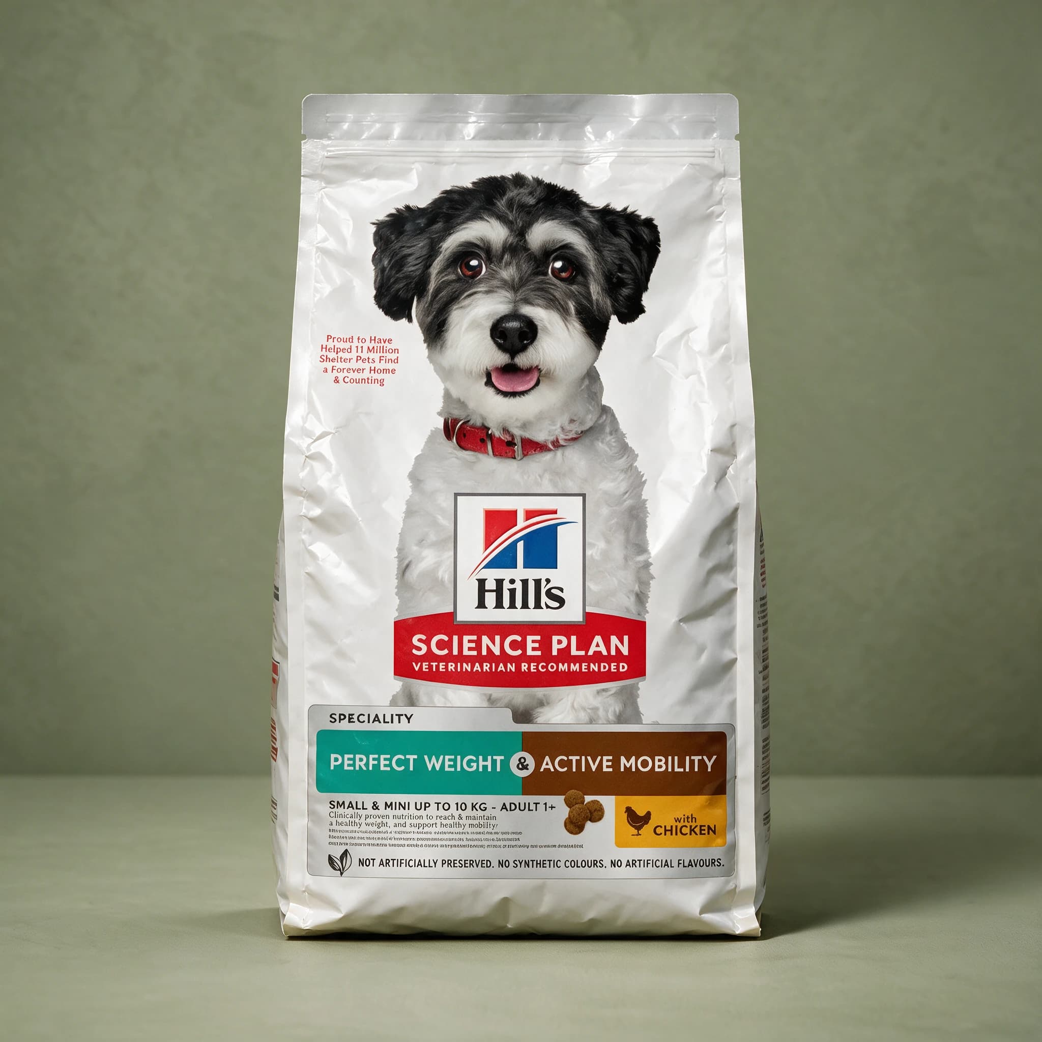 Front view of the white Hill's Science Plan Perfect Weight & Active Mobility Small Breed dry dog food bag, standing alone against a sage green studio background, showing a small grey-and-white terrier mix with a red collar on the label and the teal-and-brown "Perfect Weight & Active Mobility" band r
