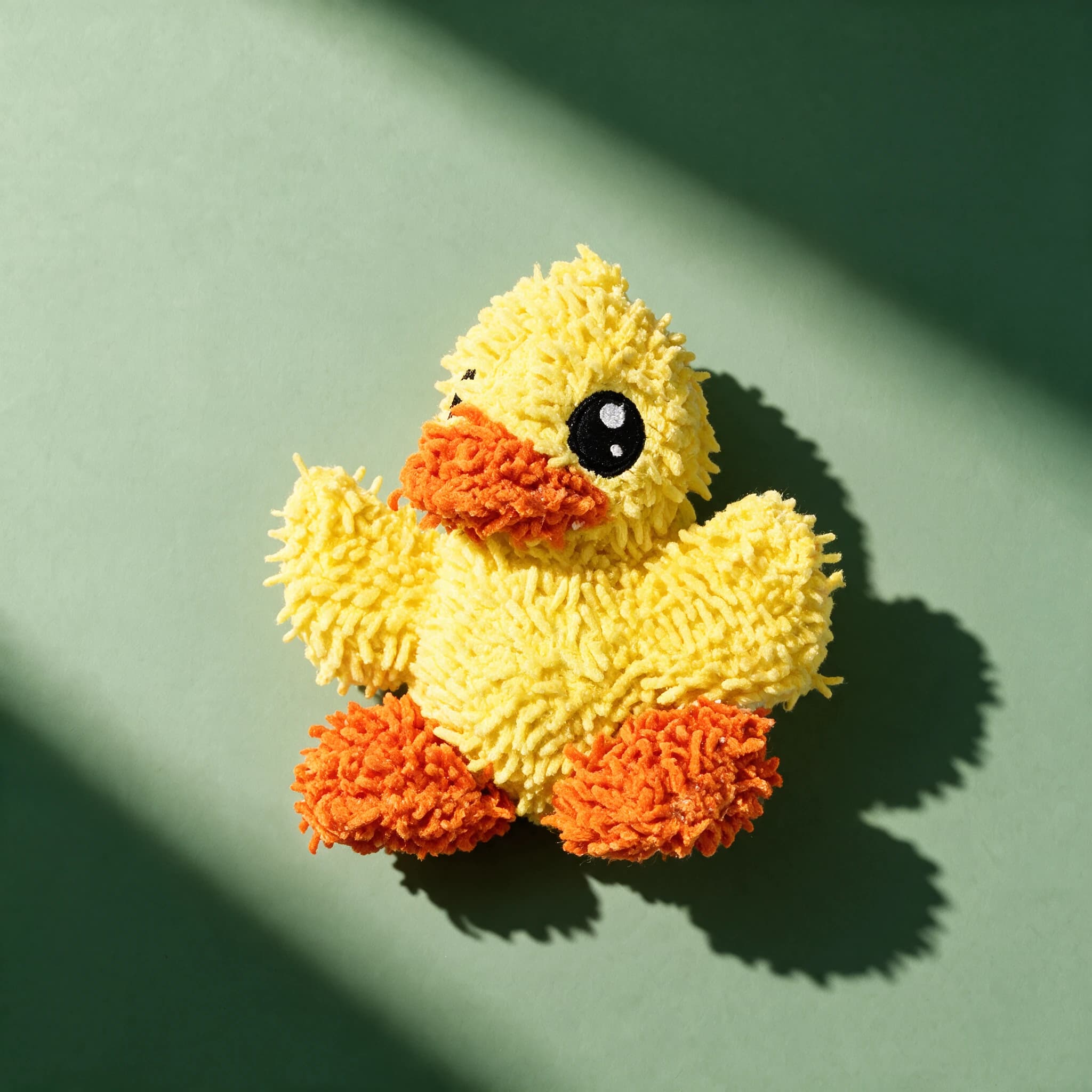 Close-up overhead view of the shaggy yellow Mighty Toys Microfiber Duck, showing its orange beak, black embroidered eye and fuzzy orange feet, on a sage-green background with a strong diagonal shadow.