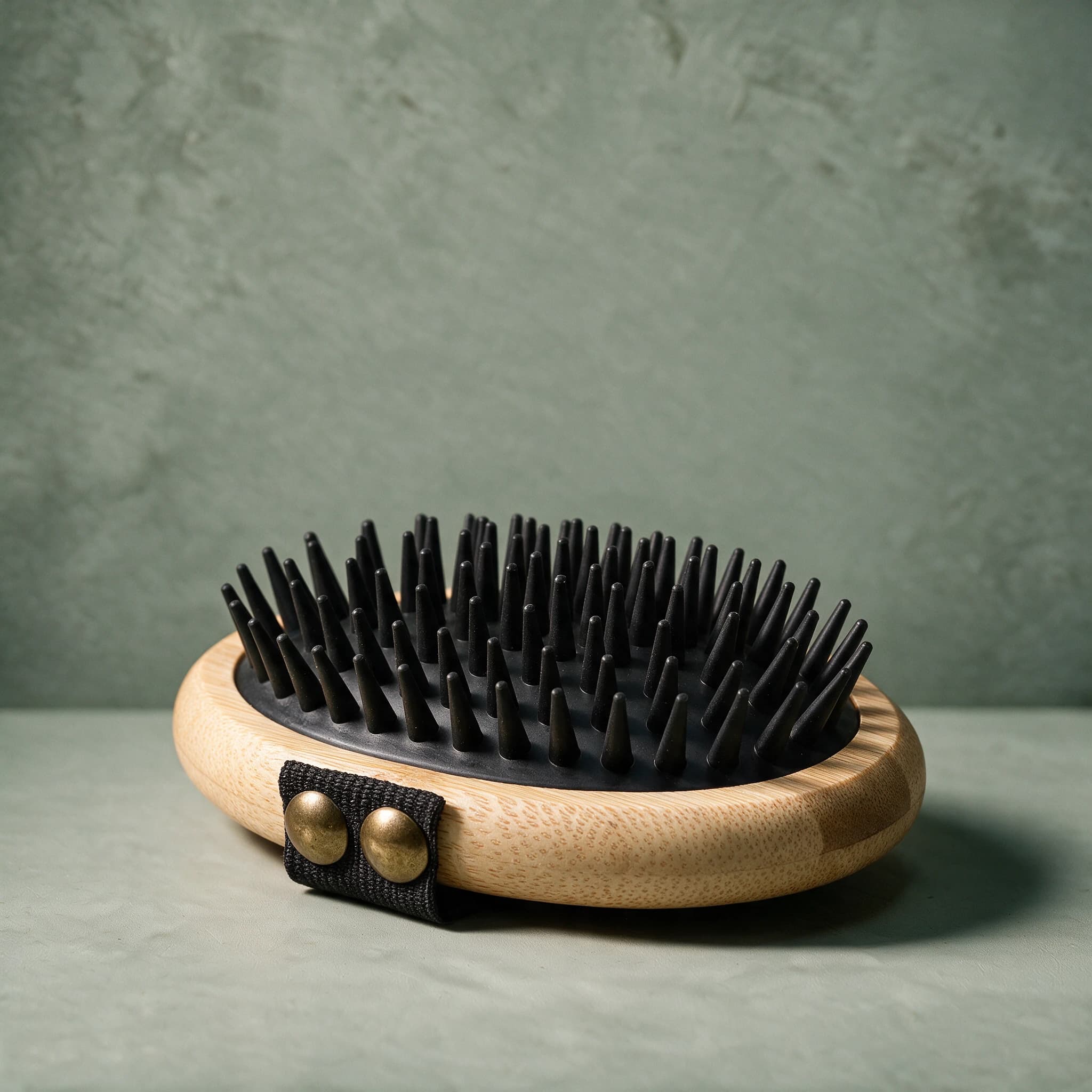 Mikki Bamboo Massage Brush with an oval bamboo head set with soft rubber massage nubs, shown on a sage green background.