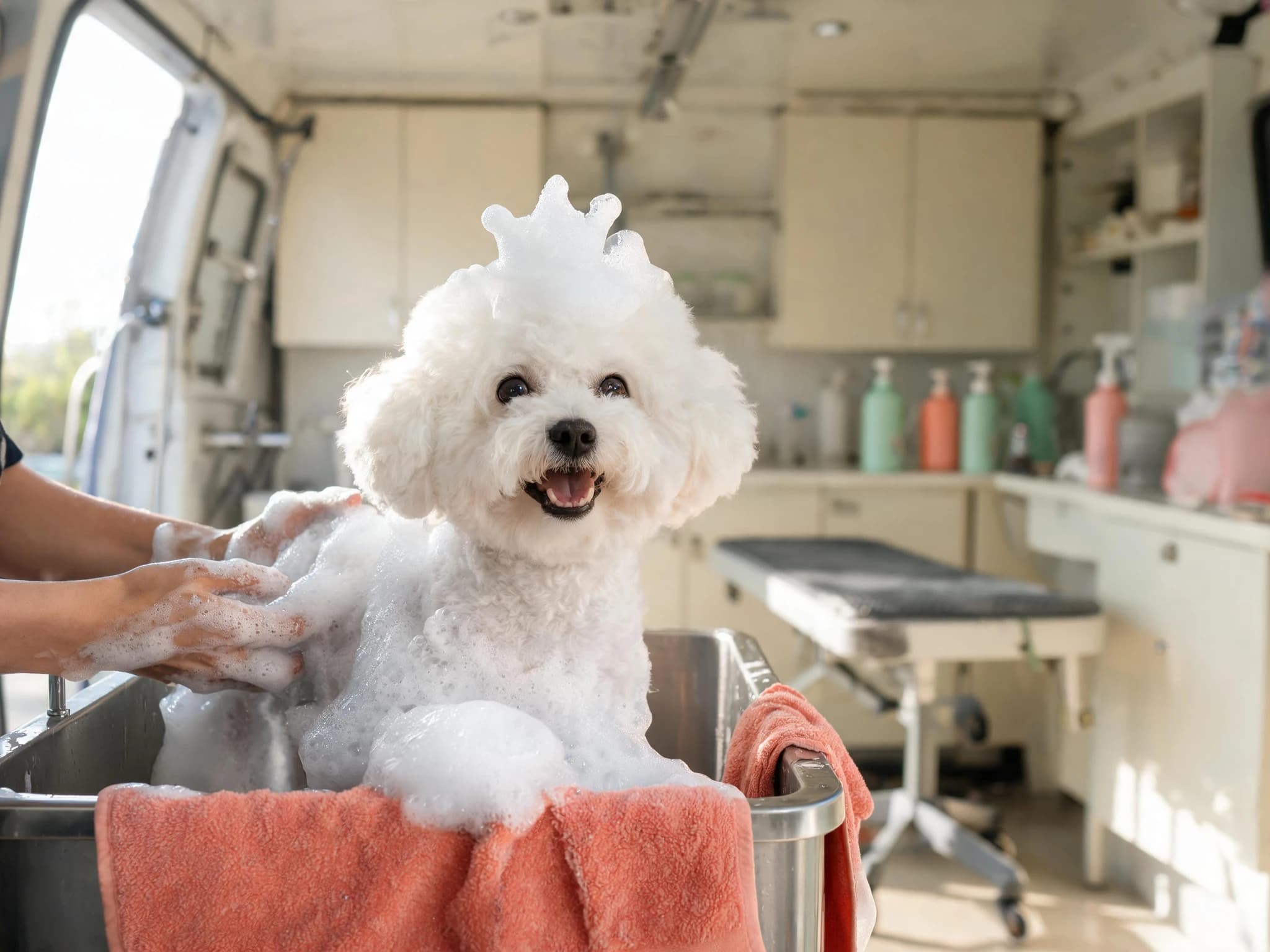 A white Bichon Frise sitting in the stainless bath of a mobile grooming van with a crown shaped out of bubble foam balanced on its head, mouth open in a grin. A coral towel is draped over the edge of the bath and a groomer's soapy hands support its back.