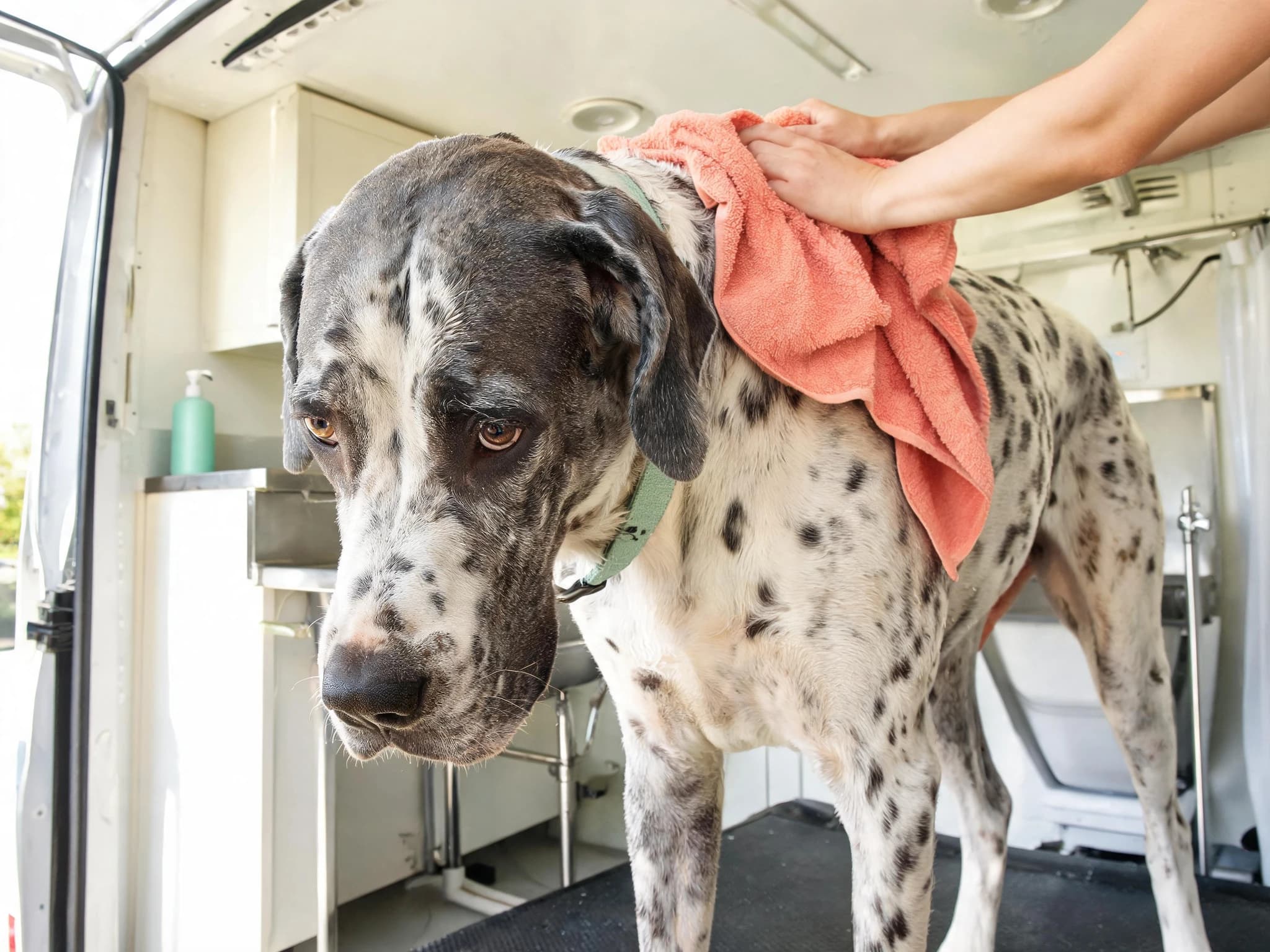 A harlequin Great Dane in a sage green collar standing on the grooming table of a mobile van, head lowered and looking slightly put-upon, while a groomer rubs its shoulders dry with a coral towel. A green shampoo bottle and the van's stainless bath are behind.