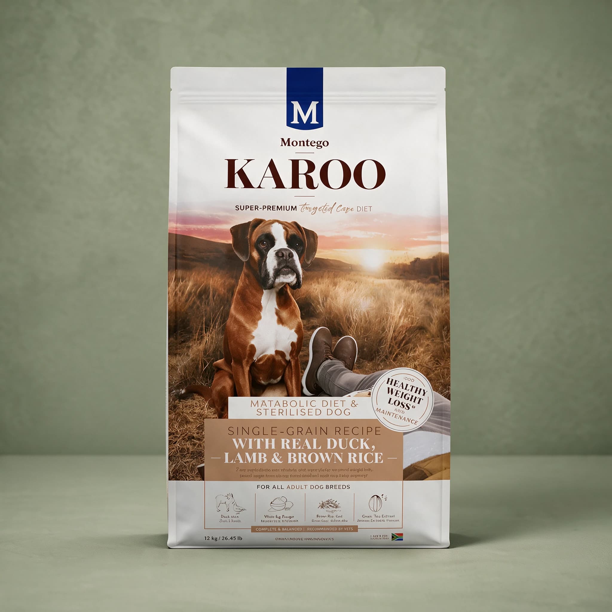 The white Montego Karoo "Targeted Care Diet" dry dog food bag, showing a fawn Boxer dog sitting beside a seated person's legs in a golden grass field at sunset, a "HEALTHY WEIGHT LOSS AND MAINTENANCE" badge, a tan "SINGLE-GRAIN RECIPE WITH REAL DUCK, LAMB & BROWN RICE" banner, "METABOLIC DIET & STER