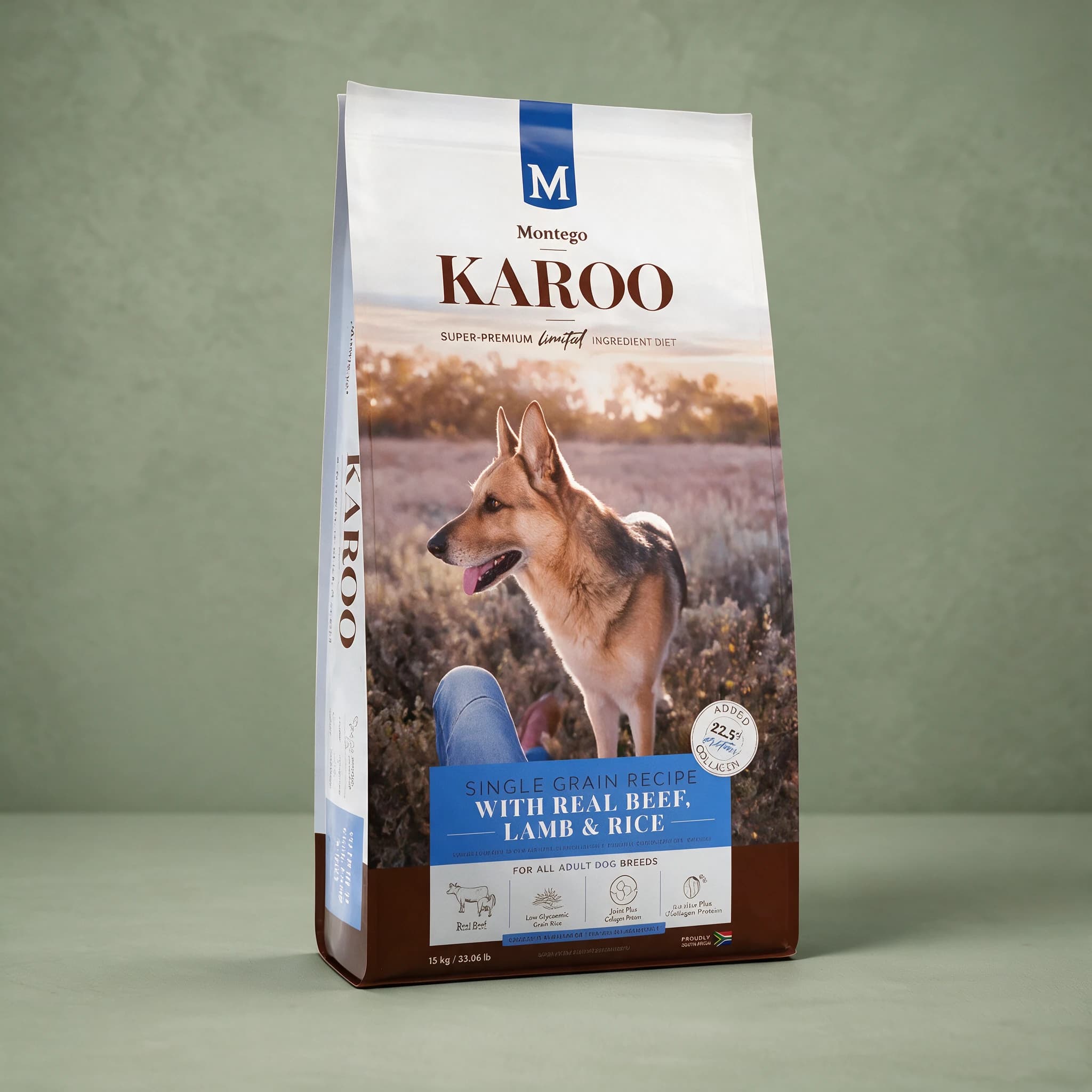 A white stand-up pouch of Montego Karoo dry dog food with a navy blue "M" Montego logo and brown "KAROO" wordmark, labelled "Super-Premium Limited Ingredient Diet," showing a lifestyle photo of a dog with its owner at golden hour and a red-brown banner reading "Single Grain Recipe with Real Beef, La