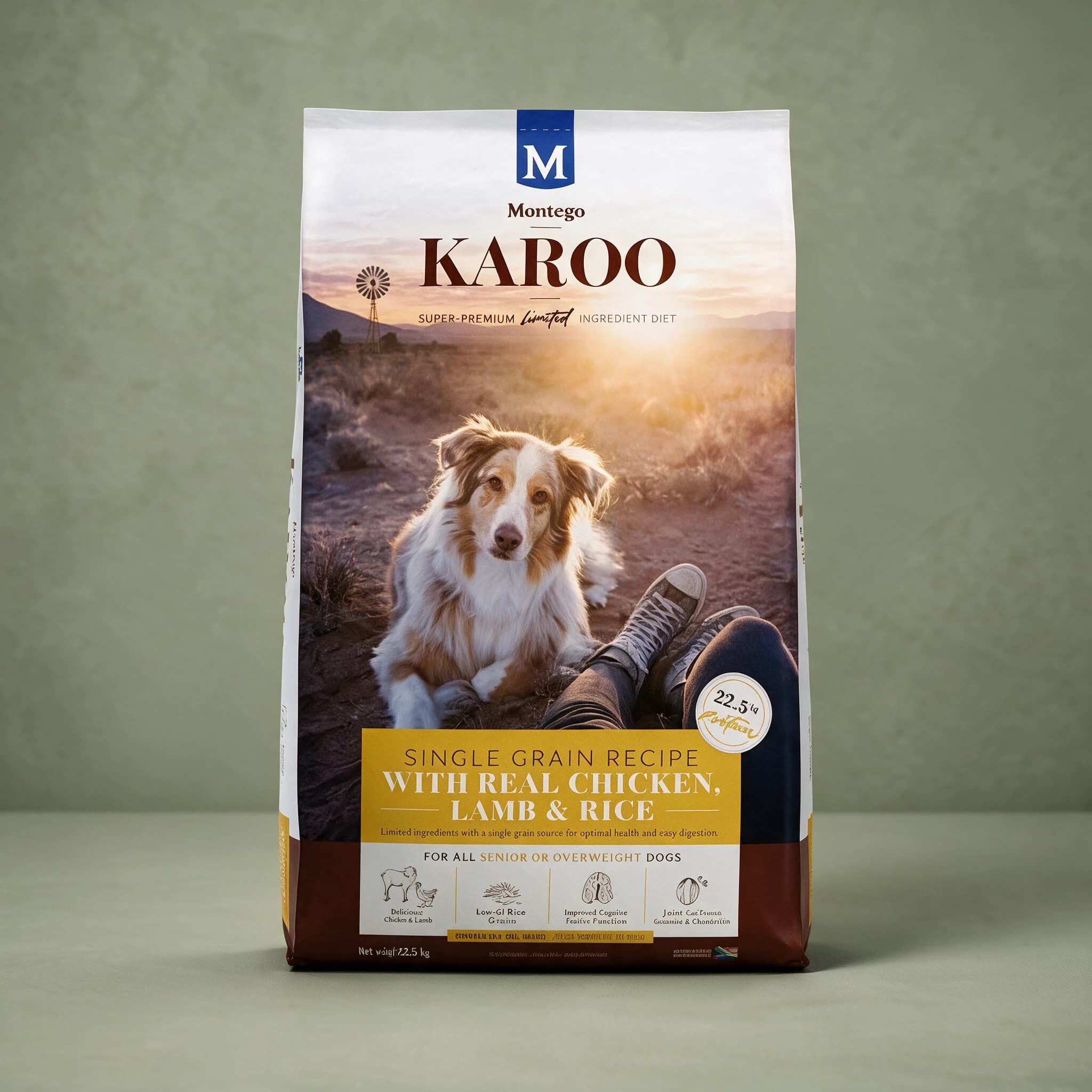 The white and gold Montego Karoo Senior dry dog food bag, showing a dog sitting beside a seated person's legs in a golden Karoo field at sunset, a gold "SINGLE GRAIN RECIPE WITH REAL CHICKEN, LAMB & RICE" banner, "FOR ALL SENIOR OR OVERWEIGHT DOGS" text, and the pack weight printed near the base, st