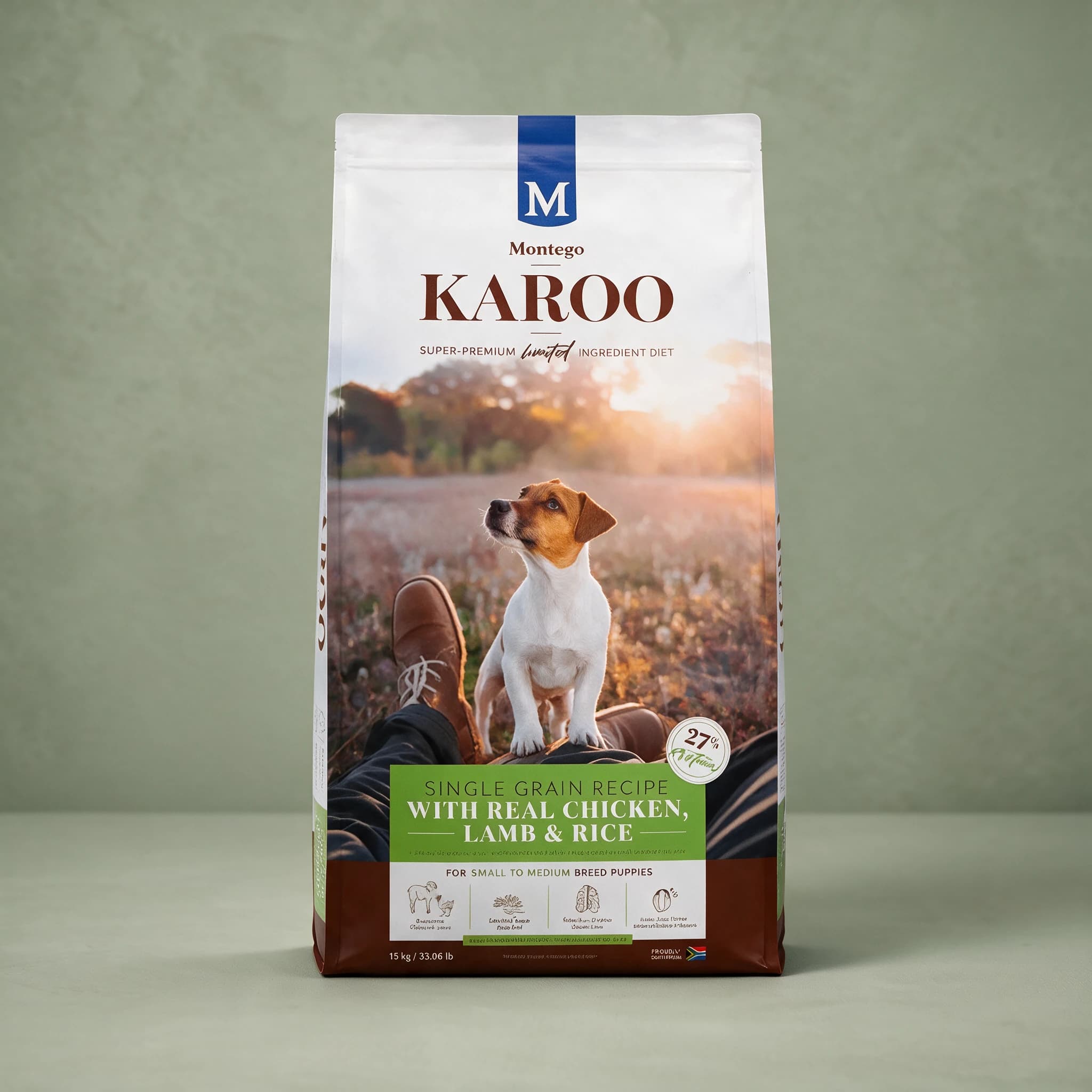 A white stand-up pouch of Montego Karoo Small-Medium Puppy dry dog food with a navy "M" Montego logo and brown "KAROO" wordmark, showing a lifestyle photo of a small puppy with its owner outdoors and a banner reading "Single Grain Recipe with Real Chicken, Lamb & Rice — Small-Medium Puppy," standing