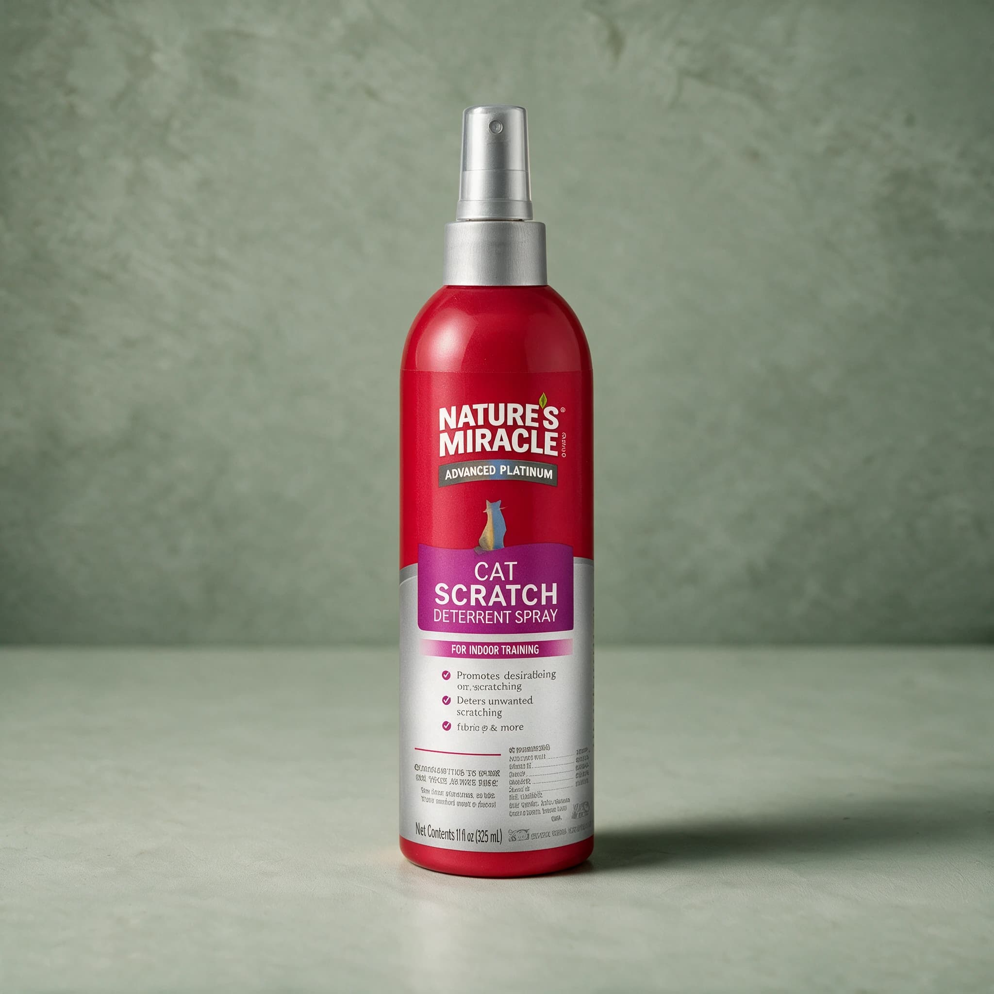 Red trigger-spray bottle of Nature's Miracle Cat Scratch Deterrent Spray, purple label with the Nature's Miracle logo and a cat illustration on the label.