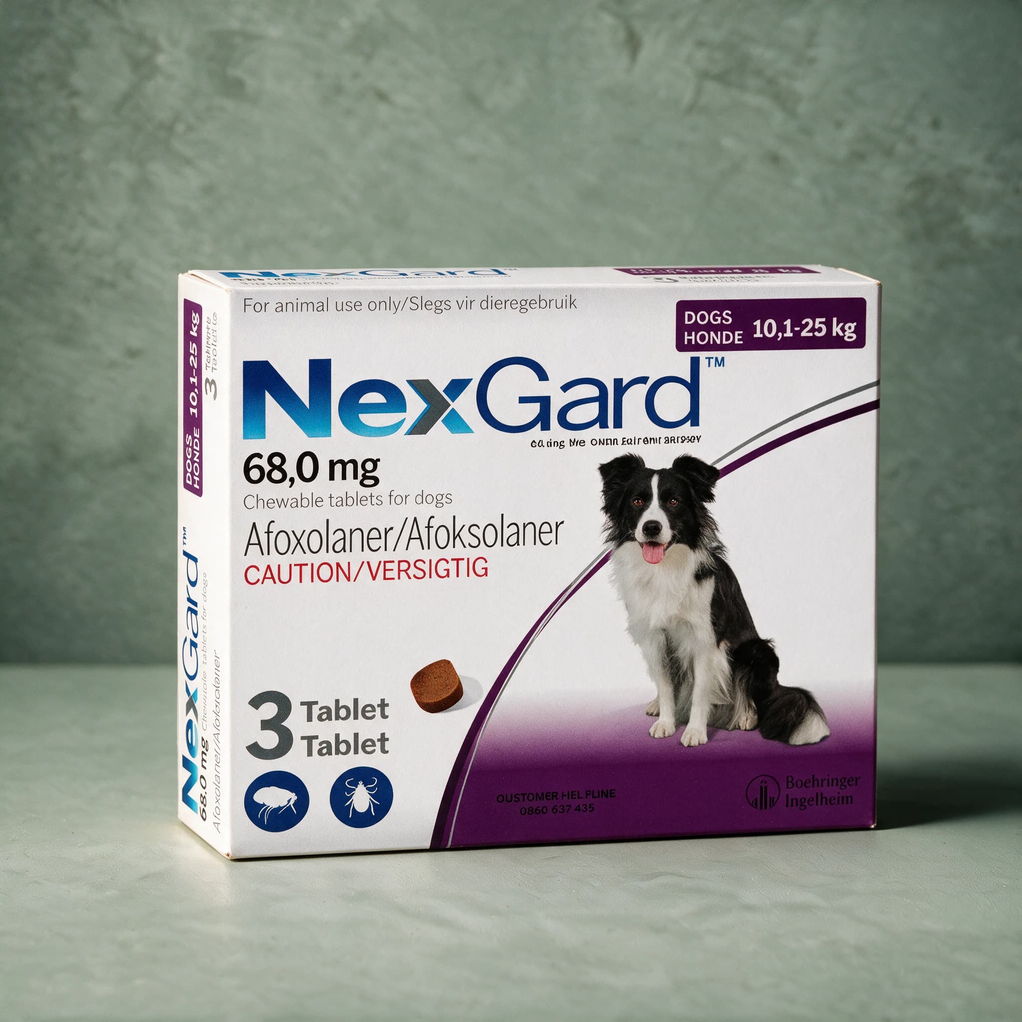 Purple and white box of NexGard Chewable Tablets for 10.1-25kg Dogs pack, with a Border Collie dog picture and a single-tablet dosage illustration on the front panel.