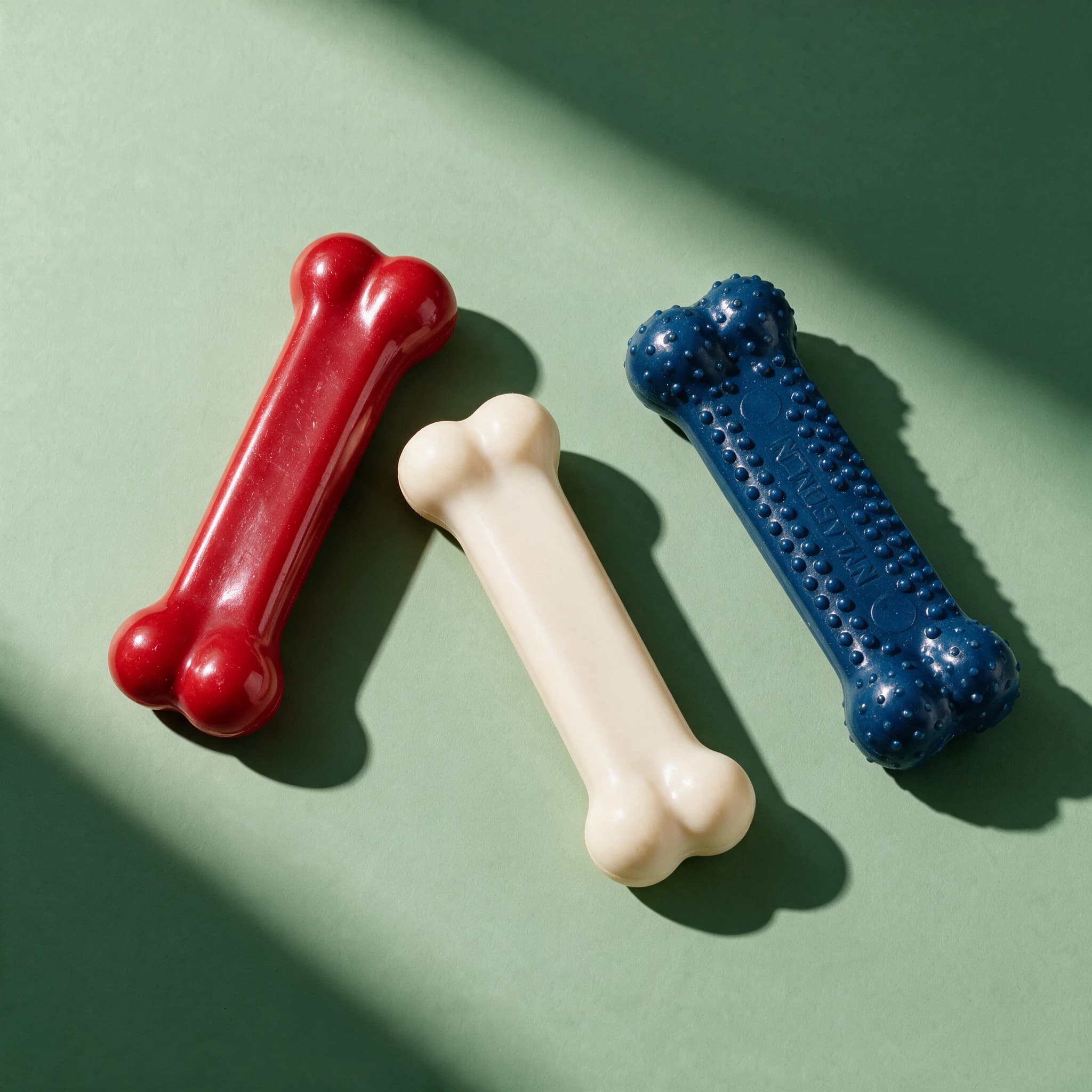 Overhead view of the same three Nylabone Extreme Chew bones, red, off-white and navy with a dotted texture, arranged diagonally on a sage-green background with soft shadows.