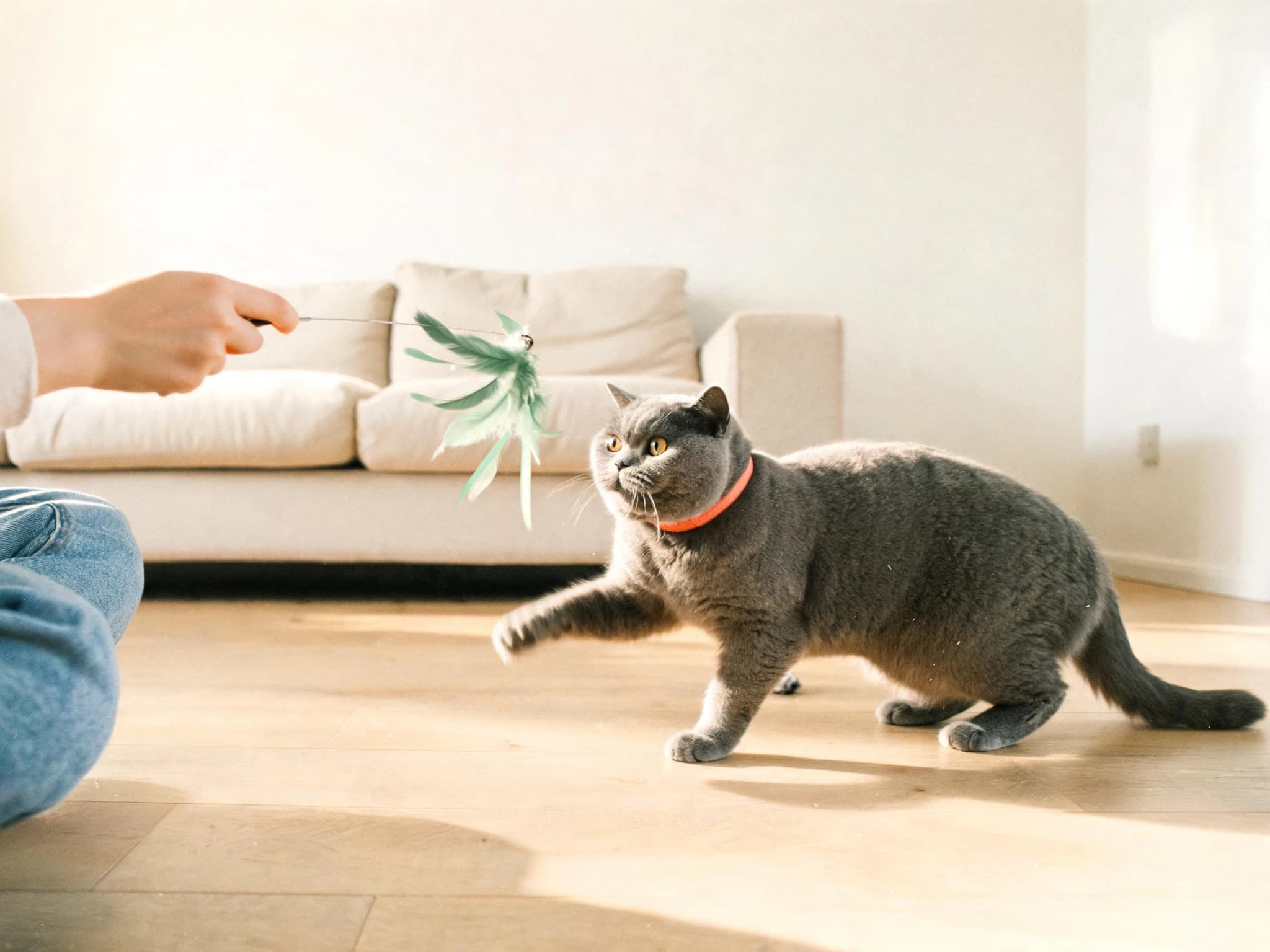 A grey British Shorthair cat in a coral collar mid-pounce across a sunlit wooden floor, chasing a green feather wand held by a person sitting out of frame in jeans. A cream sofa fills the background.