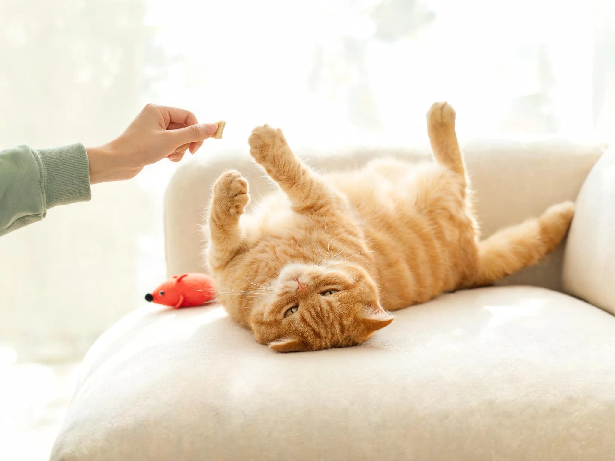 A ginger tabby cat lying on its back on a cream sofa in a sunlit room, paws in the air, watching a hand hold out a small treat just above it. A coral toy mouse lies on the cushion beside the cat.