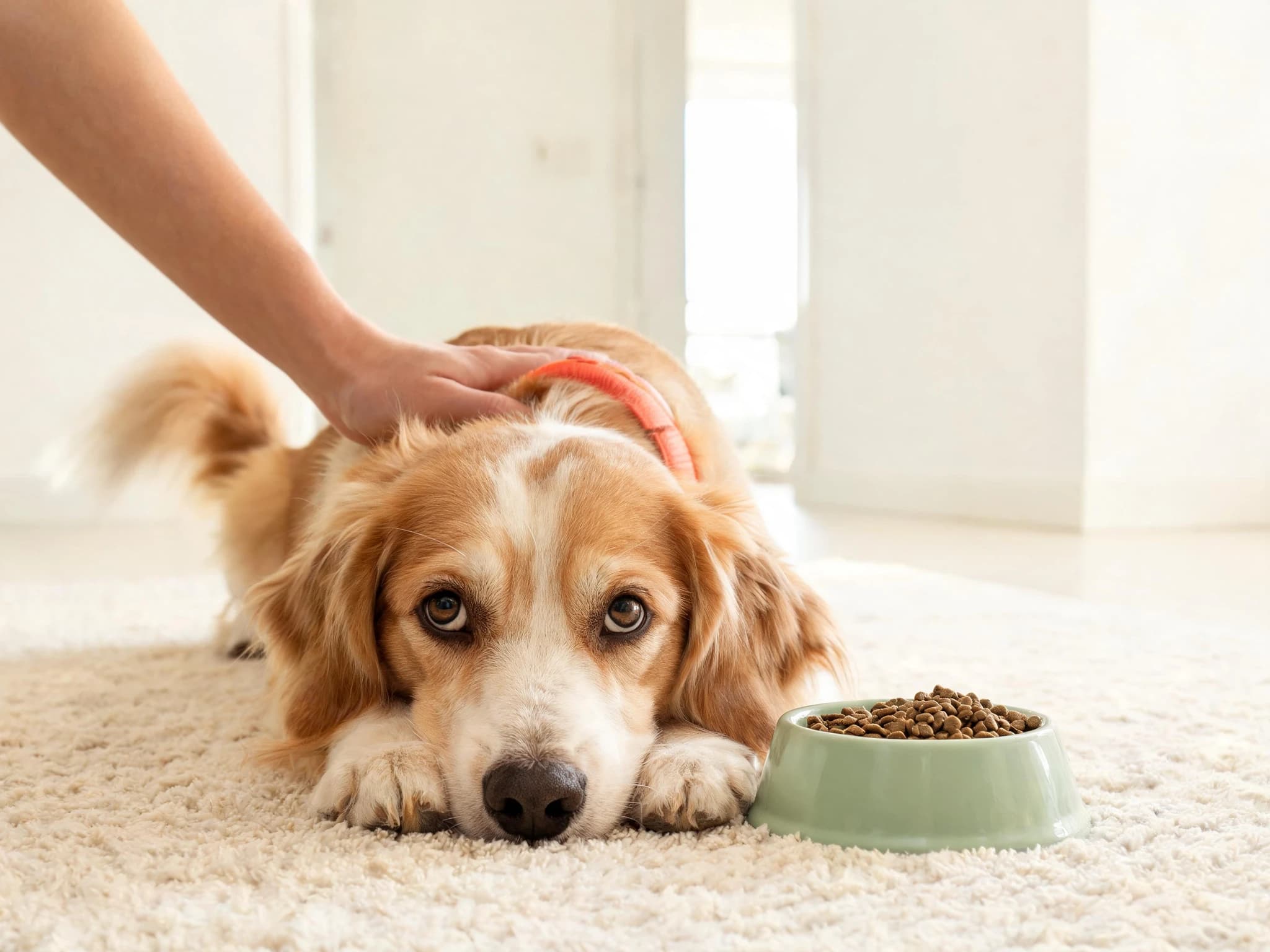 A golden-coated dog in a coral collar lying on a cream rug in a bright home with its chin on its paws, looking up at the camera, while a hand strokes its head. A pale green bowl of dry food sits on the rug beside it.