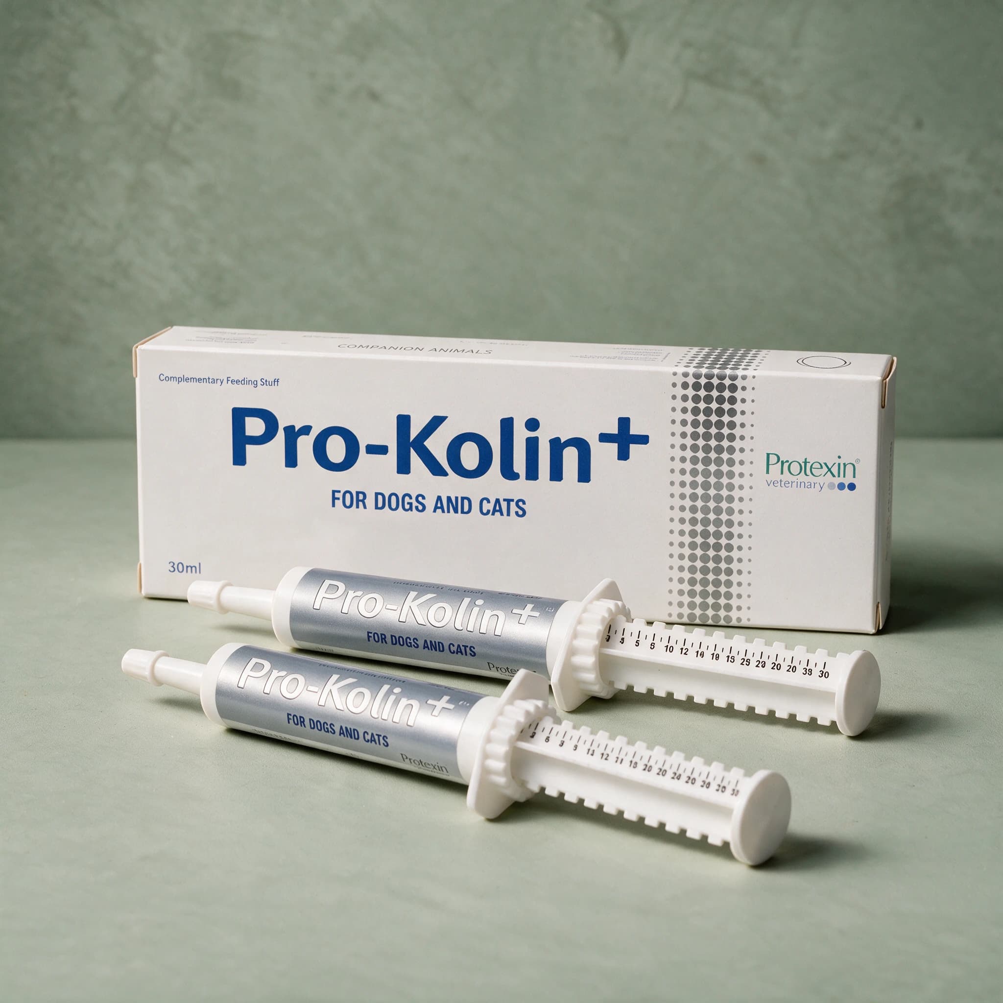 White box of Protexin Pro-Kolin+ for Dogs and Cats, containing a graduated dosing syringe, with the Protexin logo on the front panel.