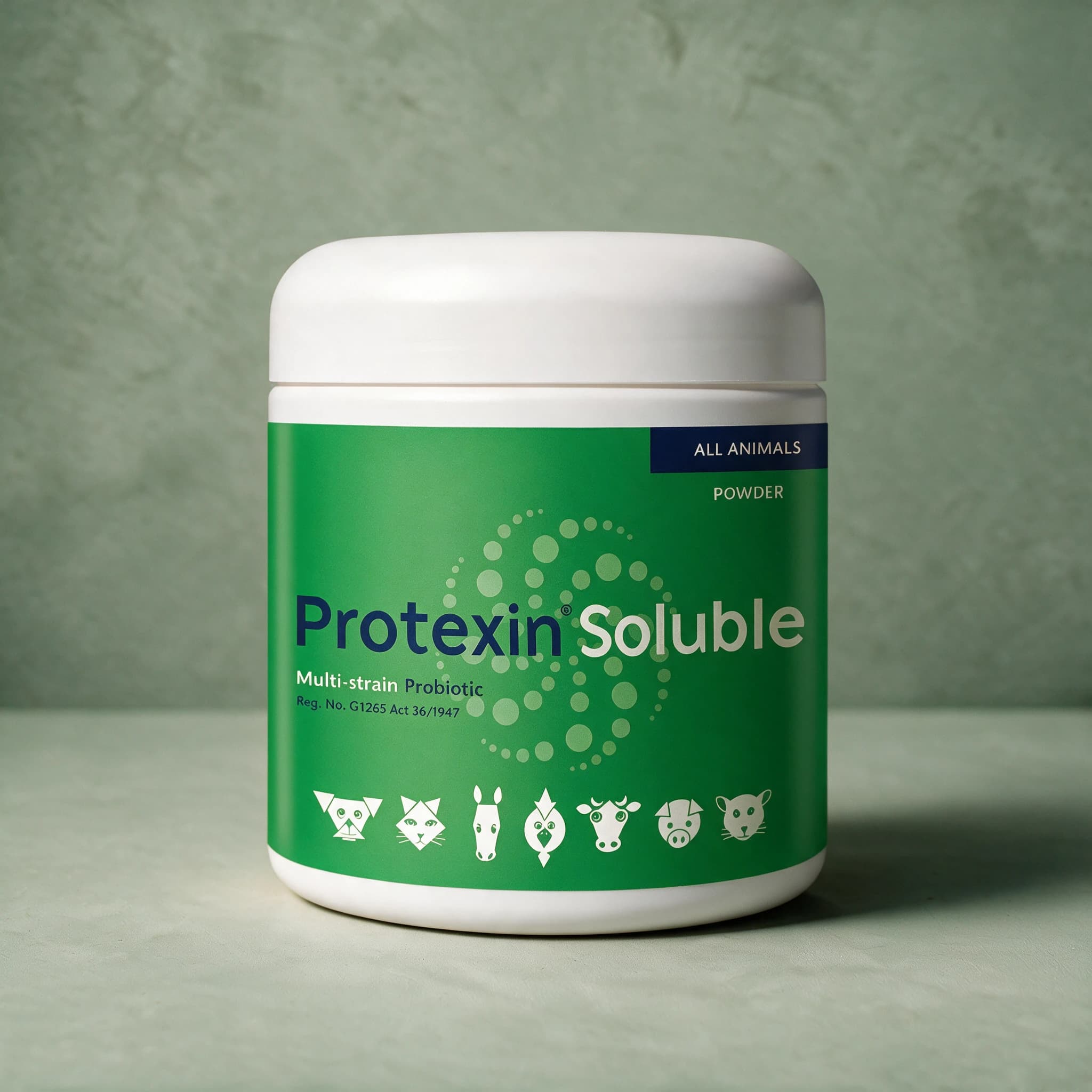 White and green tub of Protexin Soluble Multi-Strain Probiotic Powder, with the Protexin logo and product description on the front label.