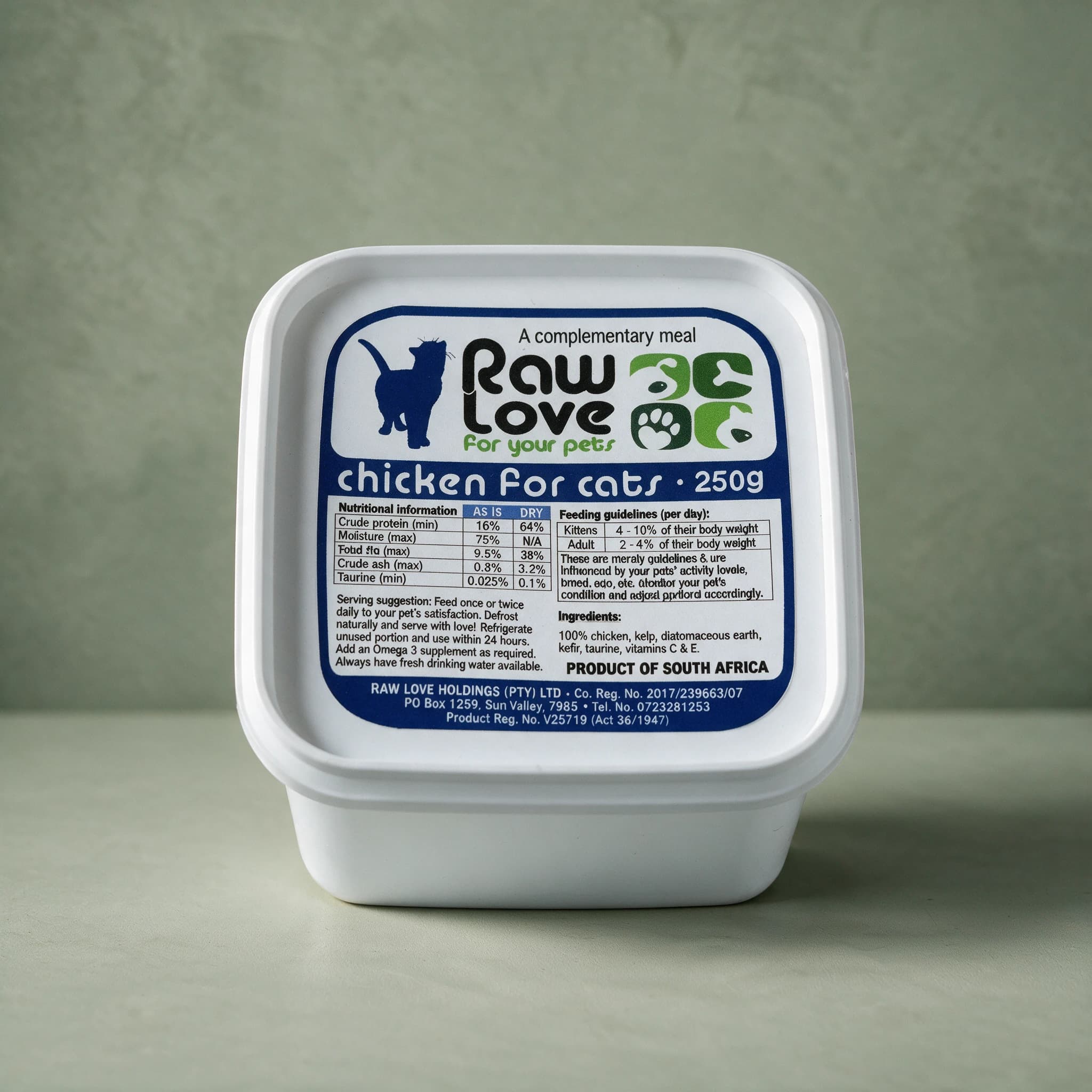 White 250g tub of Raw Love Chicken for Cats raw frozen food, navy blue label with a cat silhouette, the Raw Love logo, a nutritional information table and feeding guidelines, photographed against a sage green background.