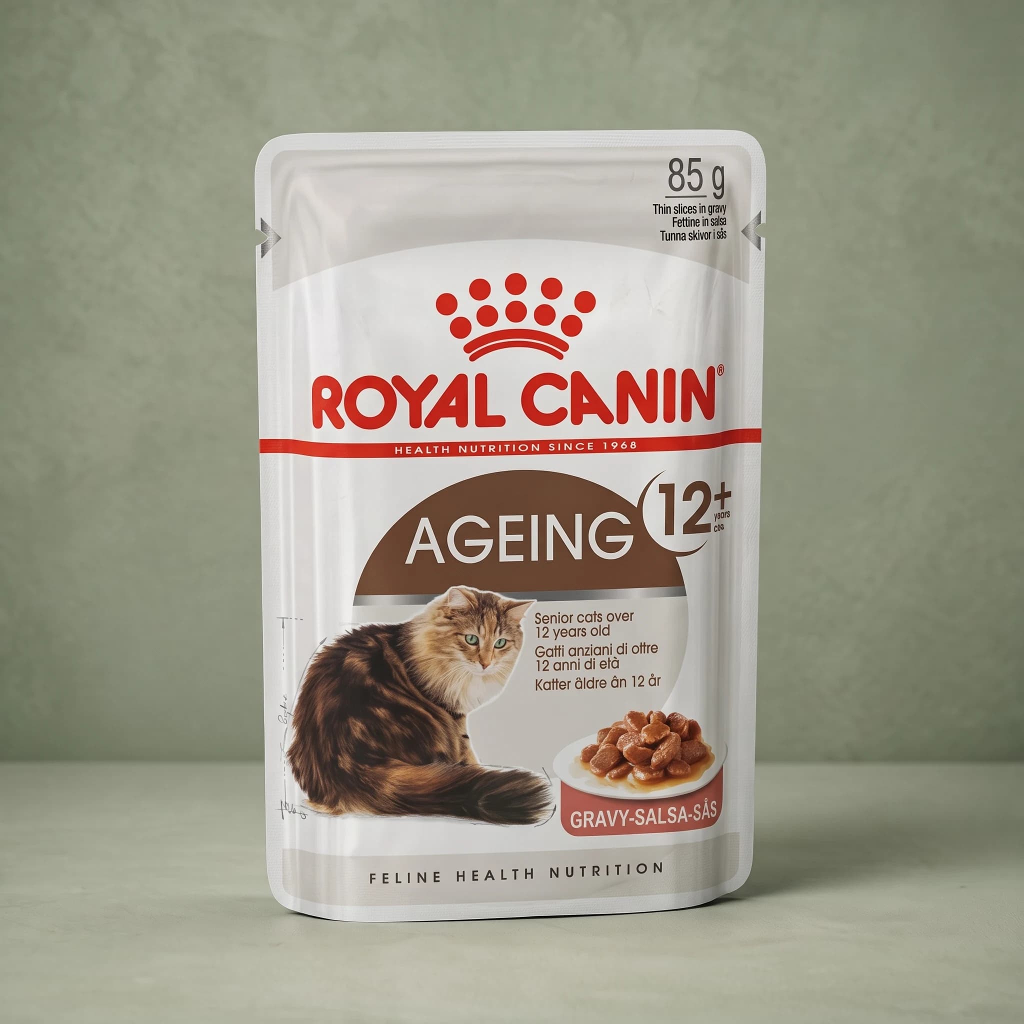A dark grey Royal Canin foil pouch labeled "Ageing 12+" in gravy for senior cats, standing upright against a sage green studio background.