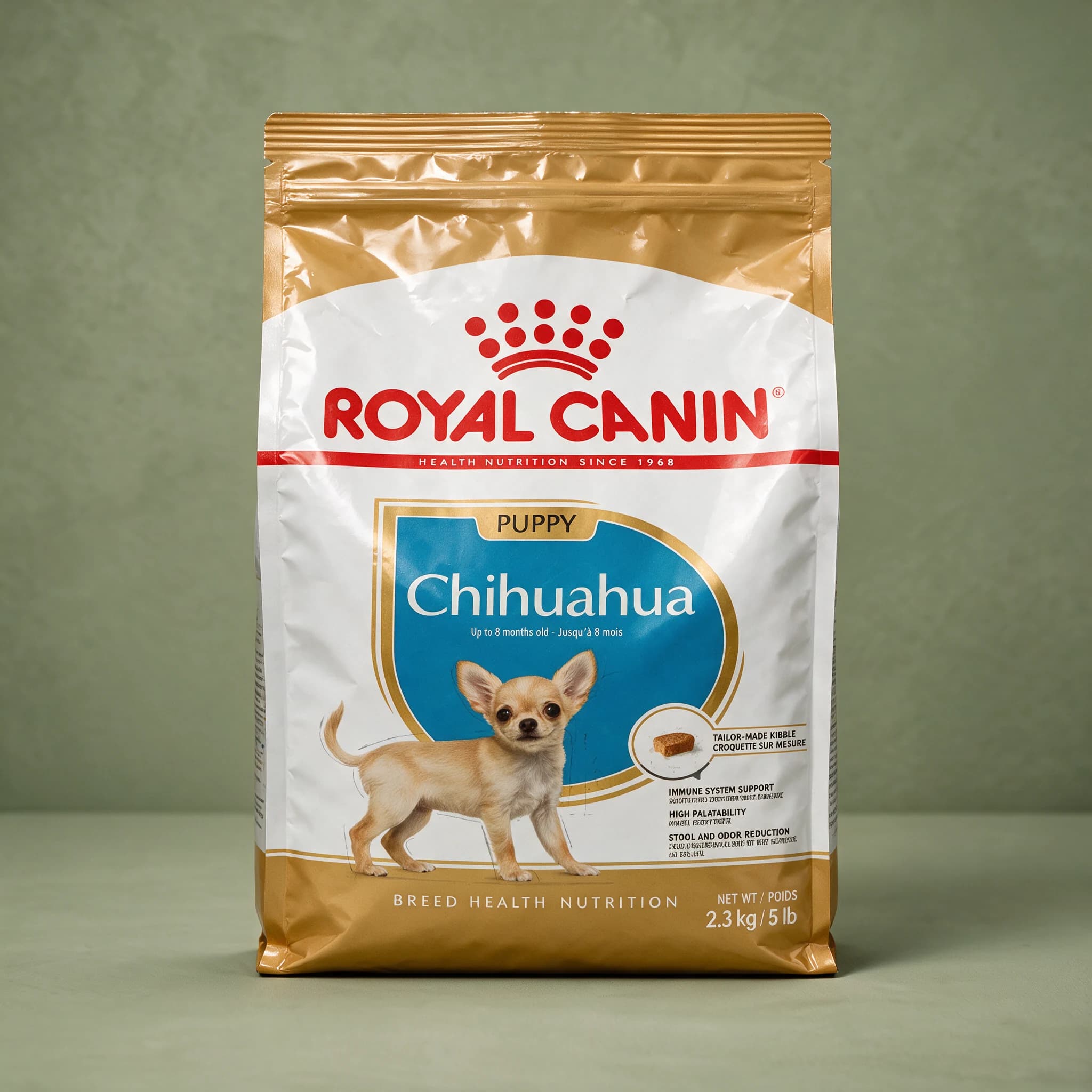A gold and white Royal Canin bag printed with a Chihuahua puppy illustration and labeled "Chihuahua Puppy," standing upright against a sage green studio background.