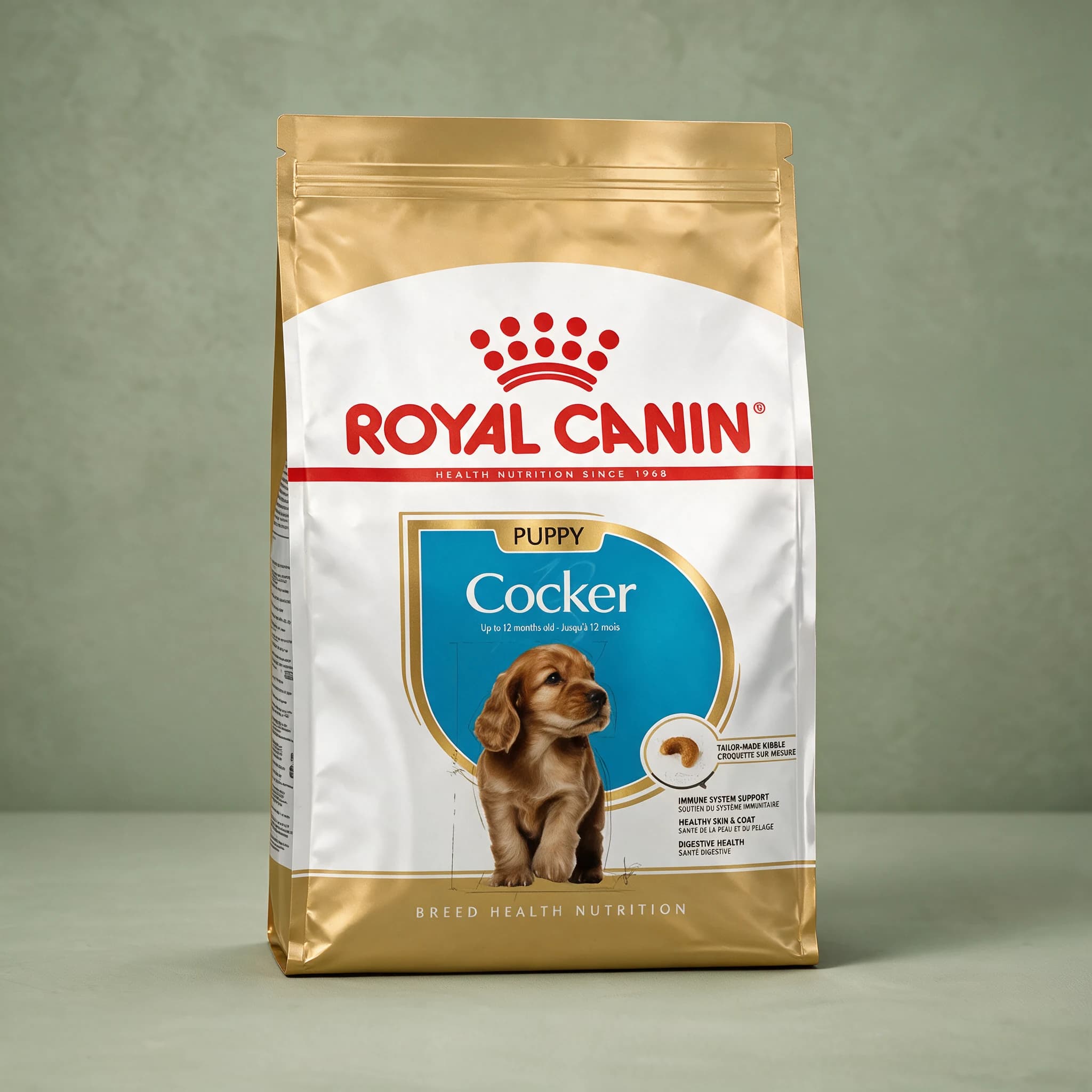 The gold and white Royal Canin Breed Health Nutrition bag labeled "Cocker Spaniel Puppy" with an illustration of a Cocker Spaniel puppy, photographed against a plain sage green studio background.