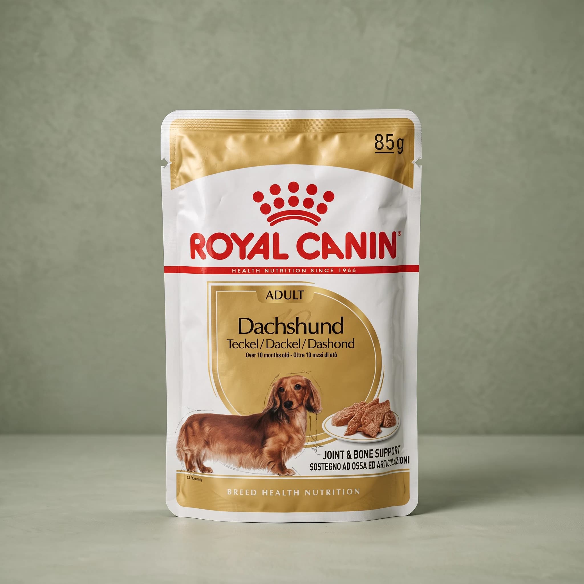 The gold and white 85g Royal Canin Dachshund Adult wet dog food pouch, featuring an illustration of a longhaired red Dachshund and a plate of loaf slices with "Joint & Bone Support" callout, against a sage green background.