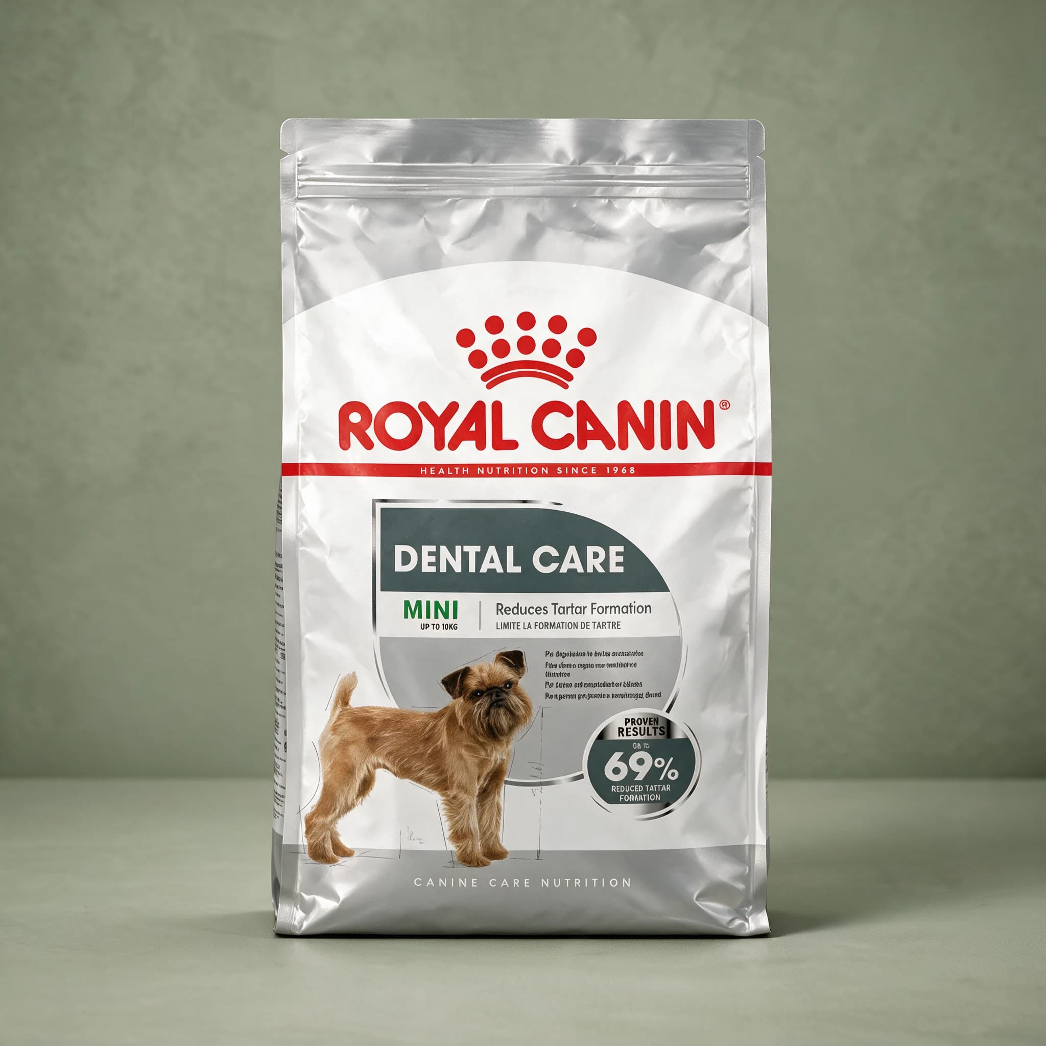 The white Royal Canin Dental Care Mini Adult dry dog food bag, featuring a small dog illustration and "Dental Care" oral-health callout, photographed against a plain sage green studio background.