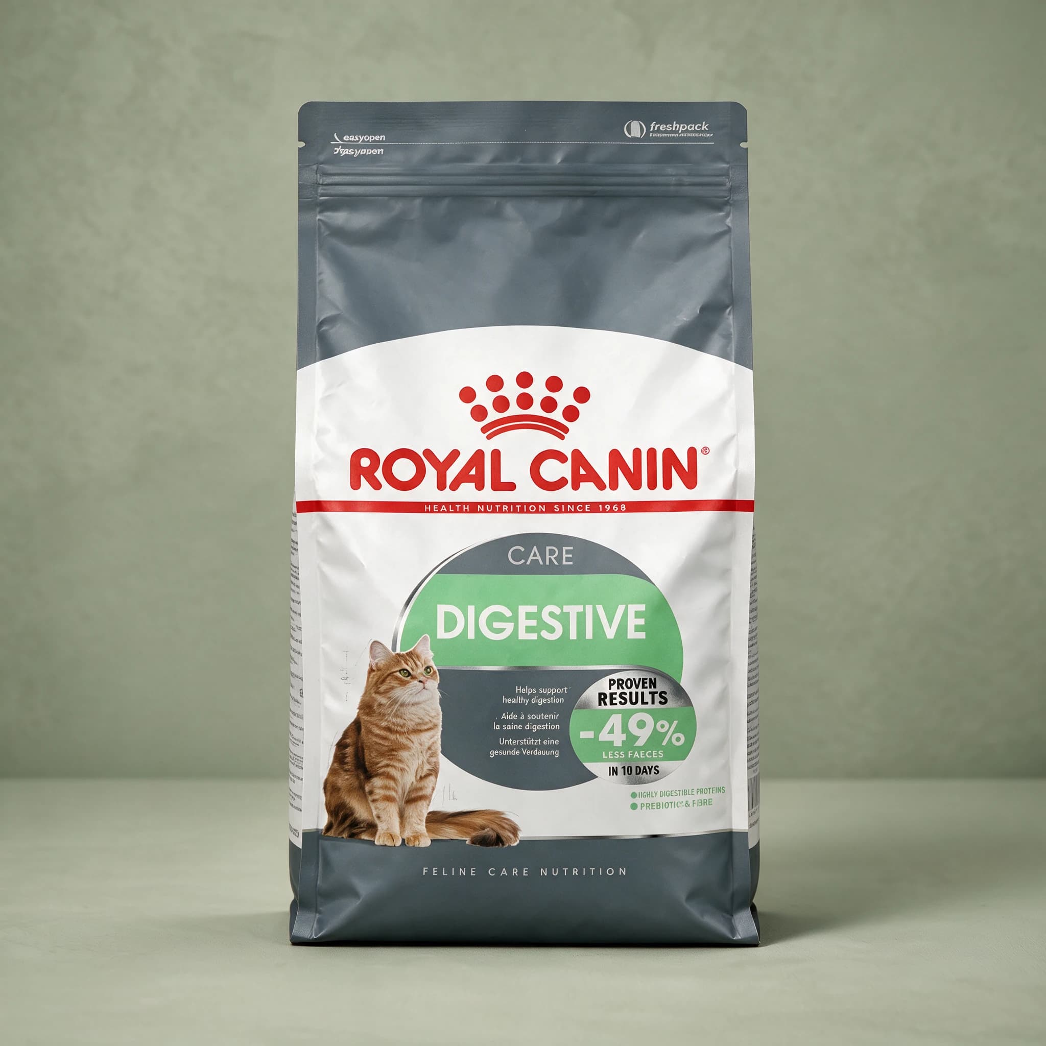 The white and blue Royal Canin Digestive Care dry cat food bag with a cat illustration and digestive health callout, shown against a sage green studio background.