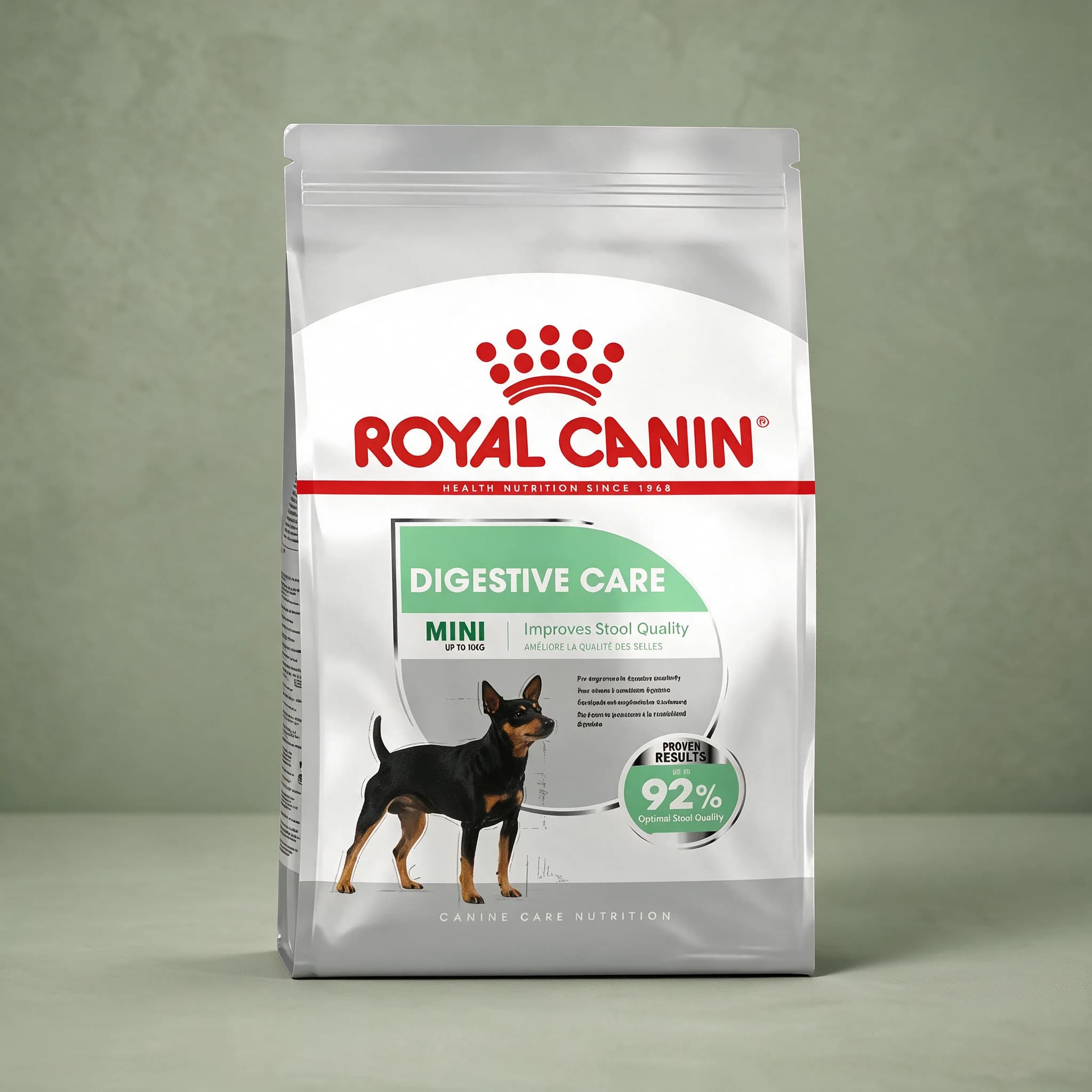 The white Royal Canin Digestive Care Mini Adult dry dog food bag, featuring a small dog illustration and "Digestive Care" callout, photographed against a plain sage green studio background.