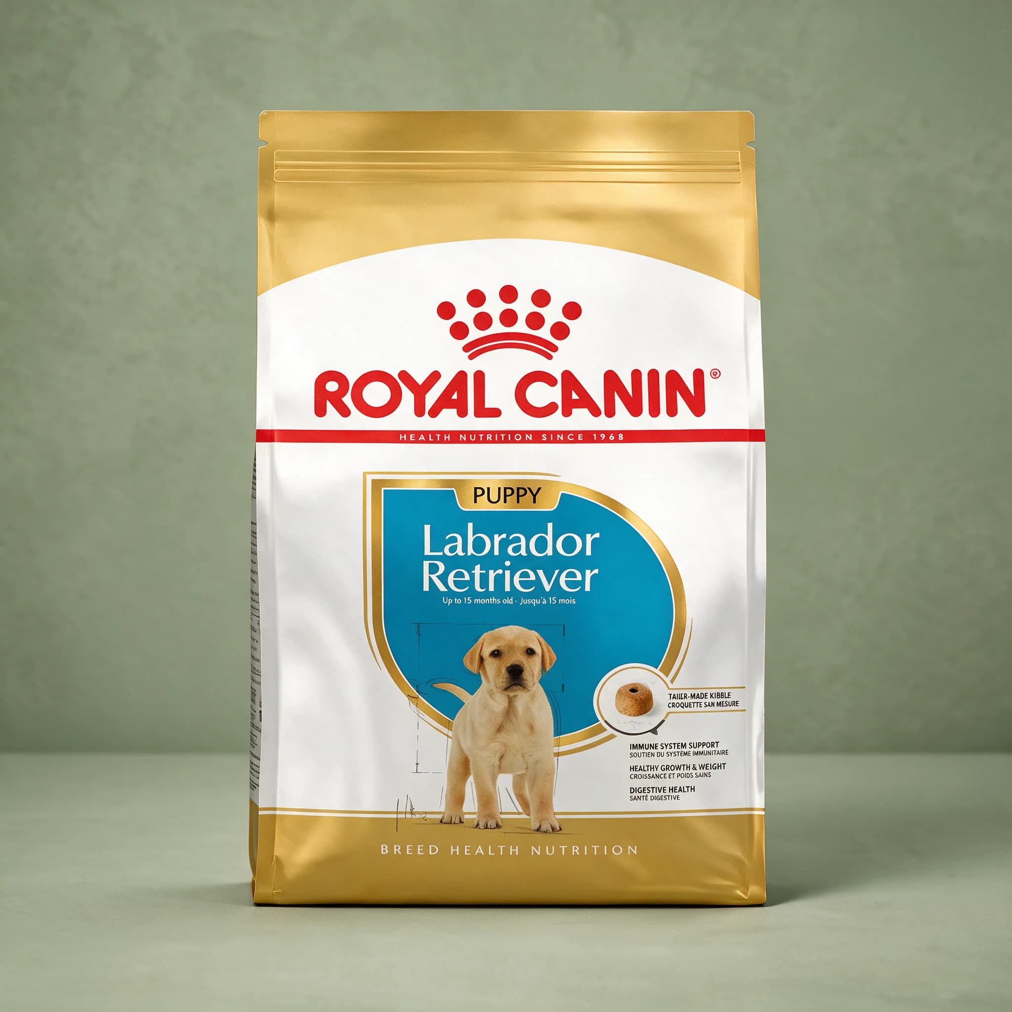 The white Royal Canin Labrador Puppy dry dog food bag featuring an illustration of a Labrador Retriever puppy, against a sage green studio background.