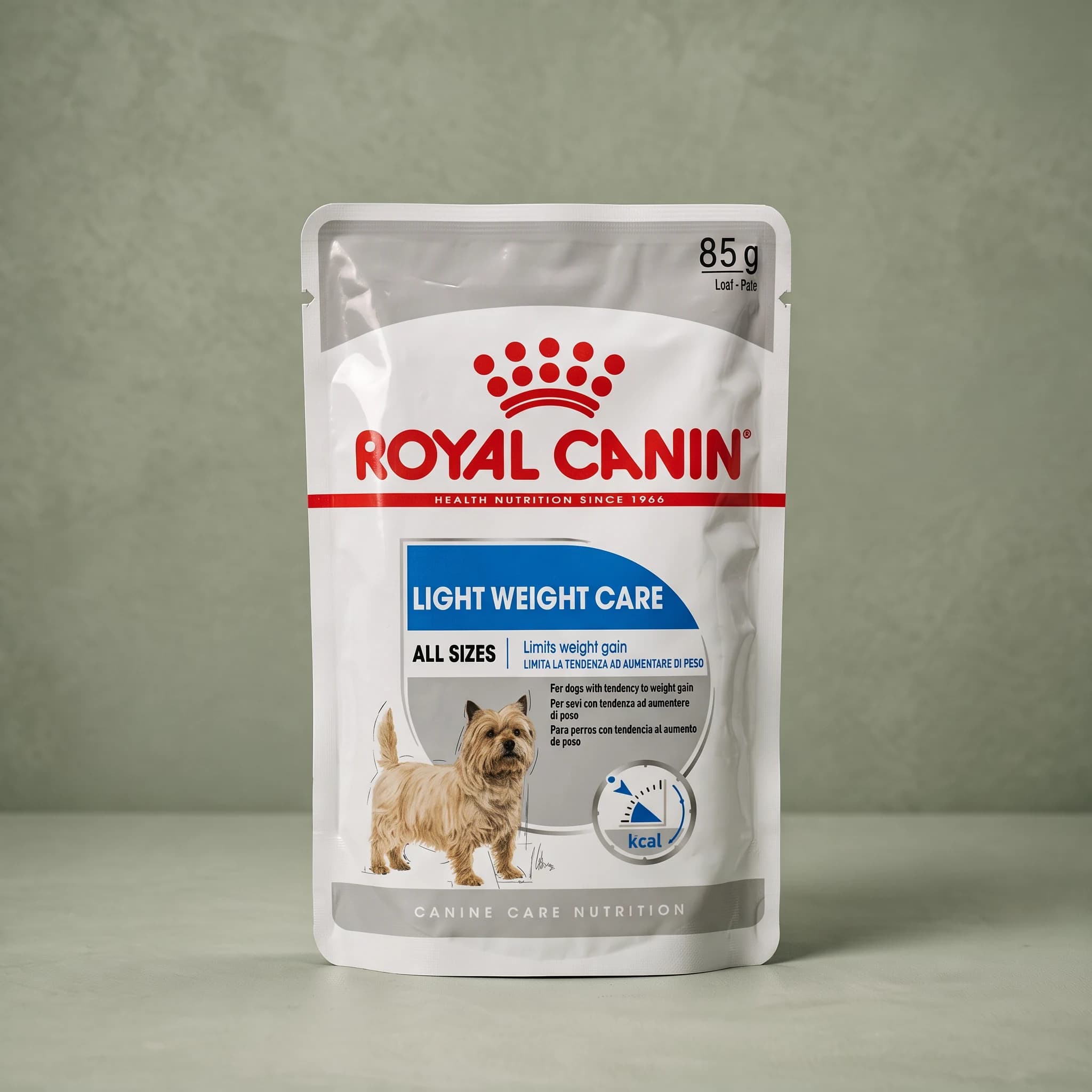 A white Royal Canin Light Weight Care wet dog food pouch labelled "All Sizes, 85 g Loaf-Pâté" with a blue banner and an illustration of a small tan terrier, against a sage green background.
