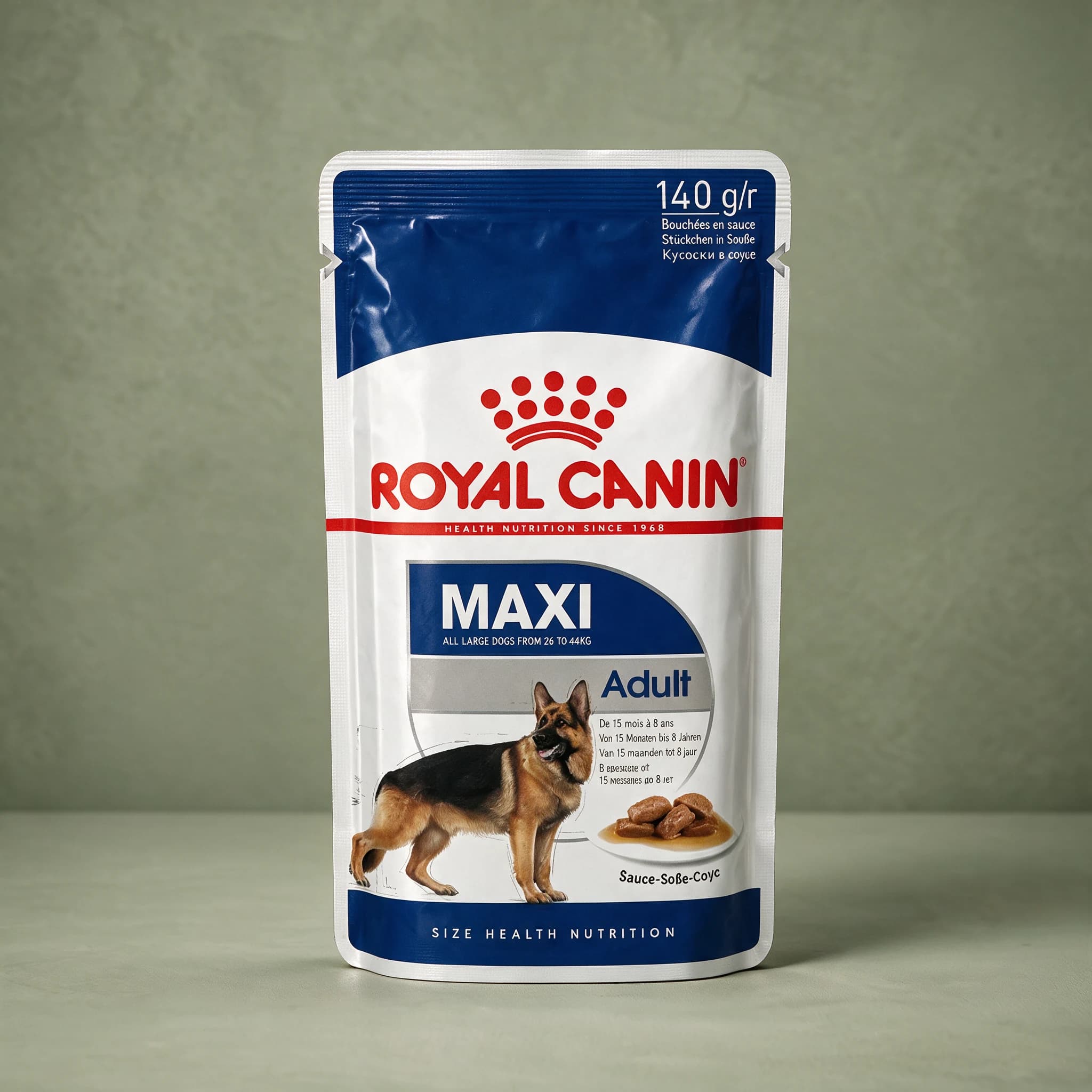A navy and white 140g Royal Canin Maxi Adult wet dog food pouch with an illustrated German Shepherd and a plate of chunks in sauce, photographed against a plain sage green studio background.
