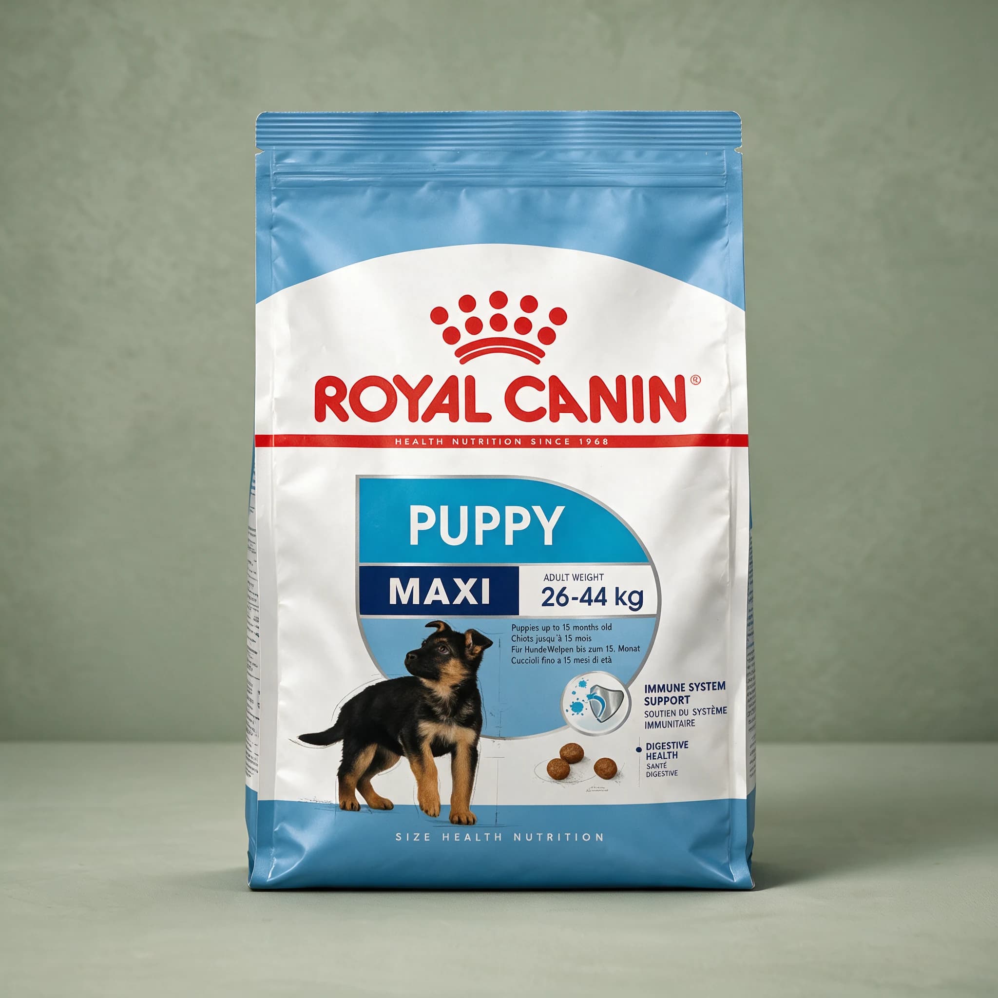 A blue and white Royal Canin bag labeled "Puppy Maxi" for large-breed puppies, standing upright against a sage green studio background.