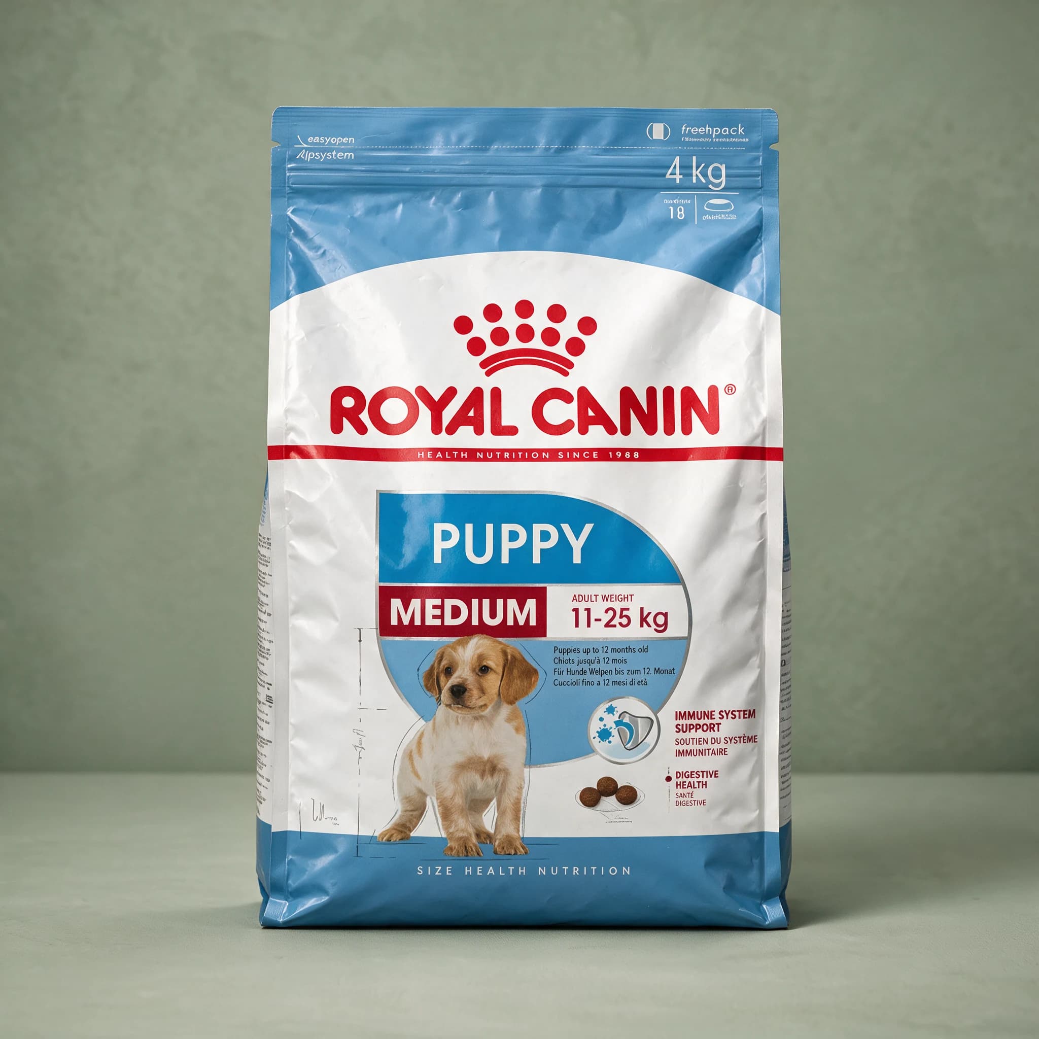 The blue and white Royal Canin Medium Puppy dry dog food bag with the red crown logo, labeled "PUPPY MEDIUM" with adult weight 11-25kg and a puppy illustration, photographed against a plain sage green studio background.