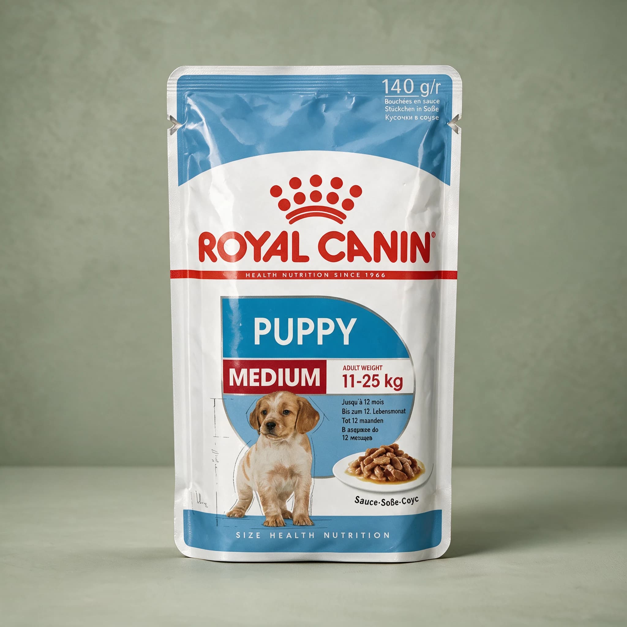 A blue and white Royal Canin Puppy Medium wet dog food pouch labelled "140 g" with an illustration of a Golden Retriever puppy and a bowl of chunks in sauce, against a sage green background.