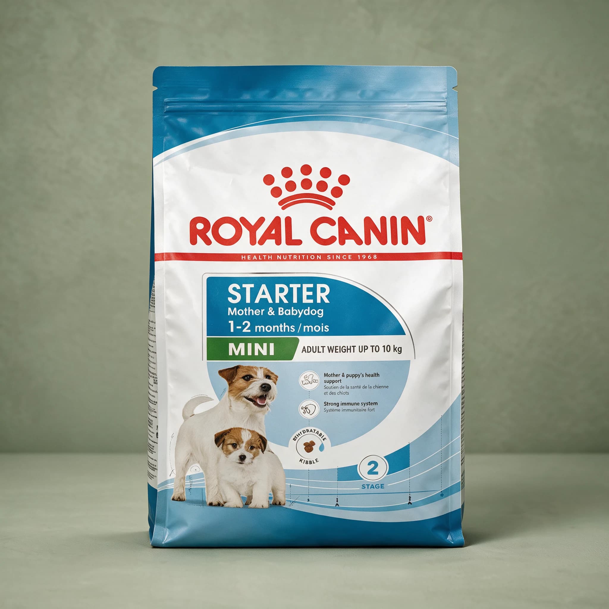 The blue and white Royal Canin Starter Mother & Babydog Mini dry dog food bag, labelled for breeding mothers and puppies up to 10 kg, showing an adult dog and puppy illustration and a "Stage 2" marker, against a sage green background.