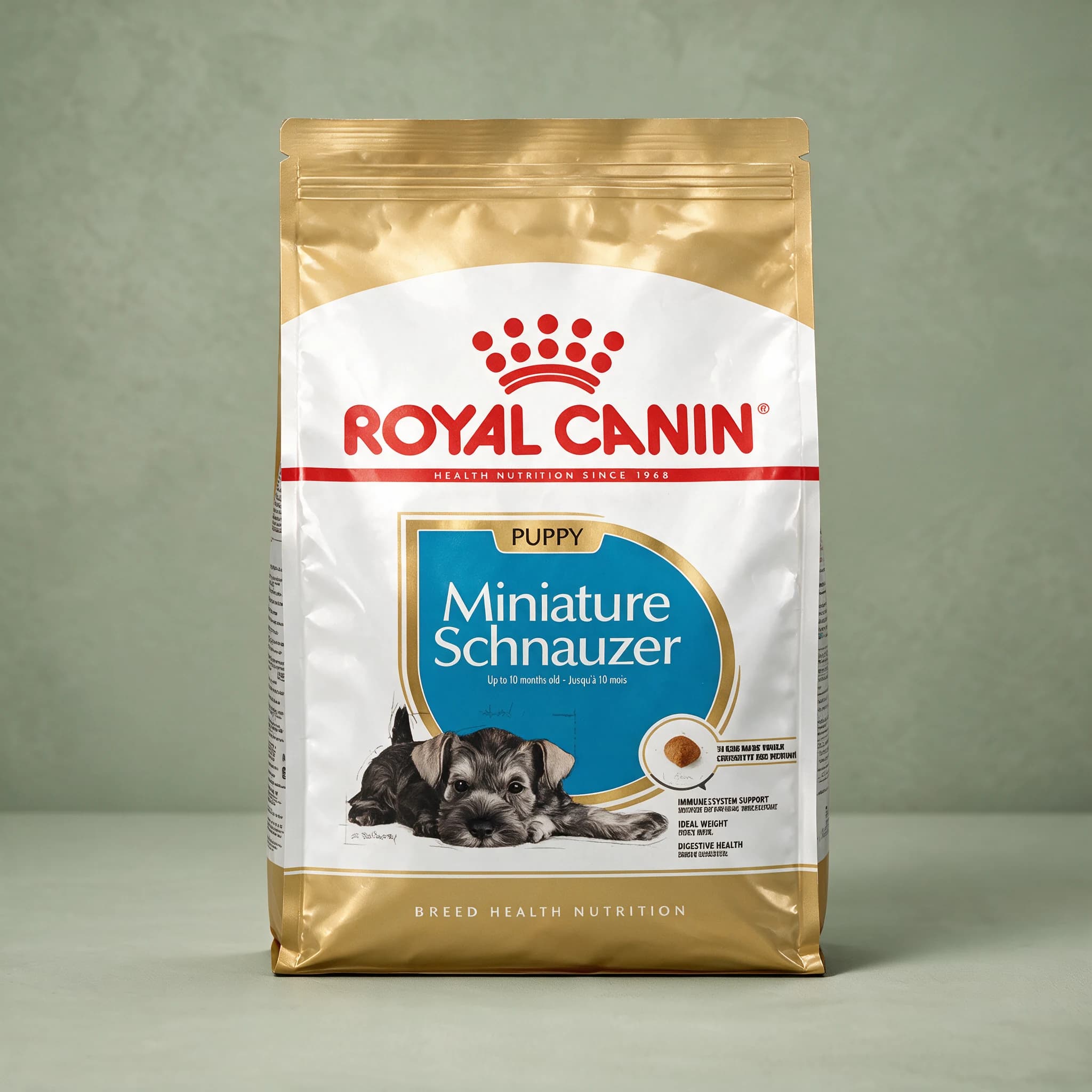 A gold and white Royal Canin Miniature Schnauzer Puppy dry dog food bag with an illustrated Miniature Schnauzer puppy on the front, photographed against a plain sage green studio background.