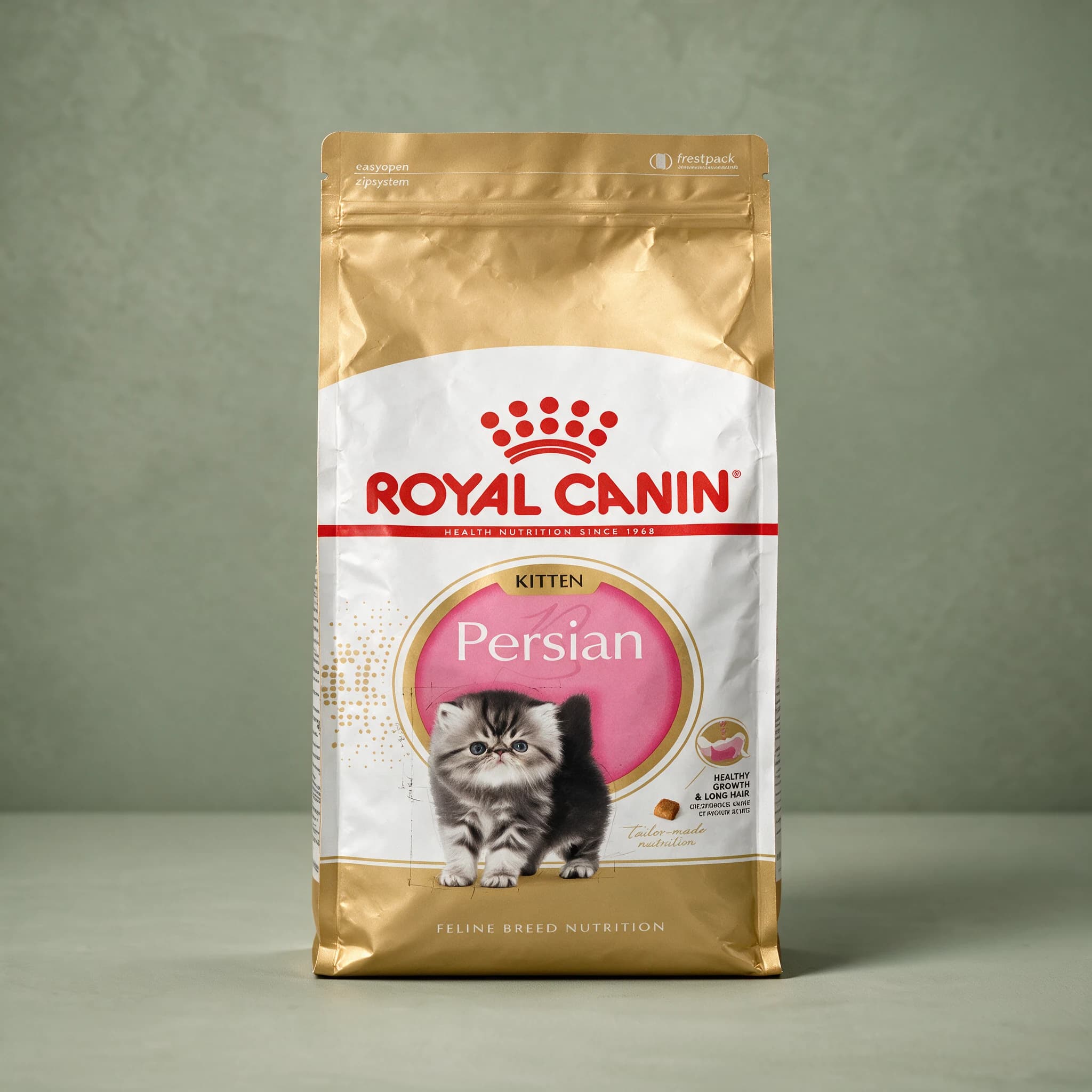 A white and gold Royal Canin bag printed with a Persian kitten illustration and labeled "Persian Kitten," standing upright against a sage green studio background.