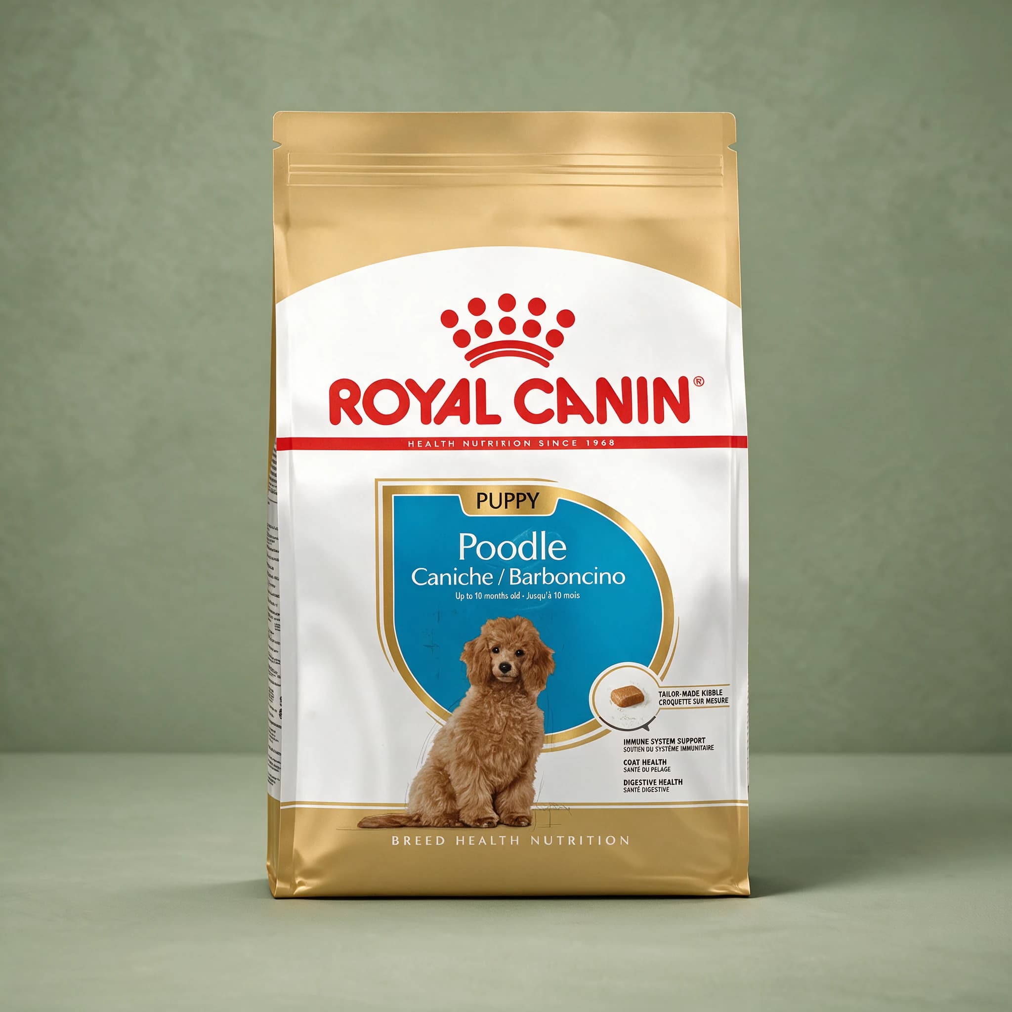The gold and white Royal Canin Breed Health Nutrition bag labeled "Poodle Puppy" with an illustration of a Poodle puppy, photographed against a plain sage green studio background.