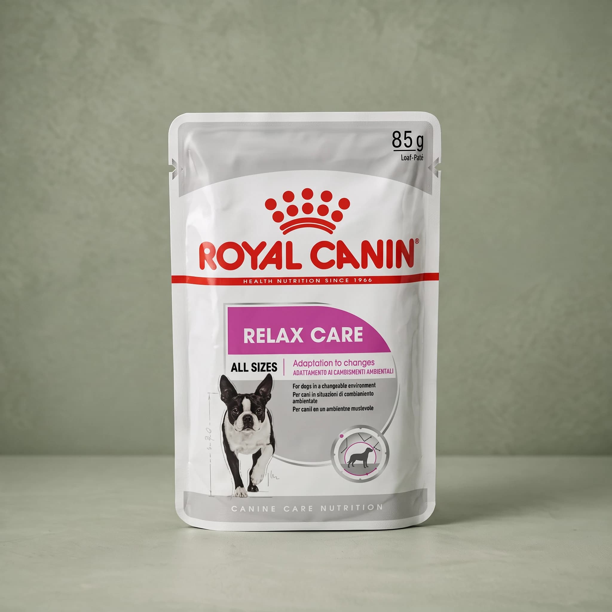 A white Royal Canin Relax Care wet dog food pouch labelled "All Sizes, 85 g Loaf-Paté" with a pink banner and an illustration of a Boston Terrier walking, against a sage green background.