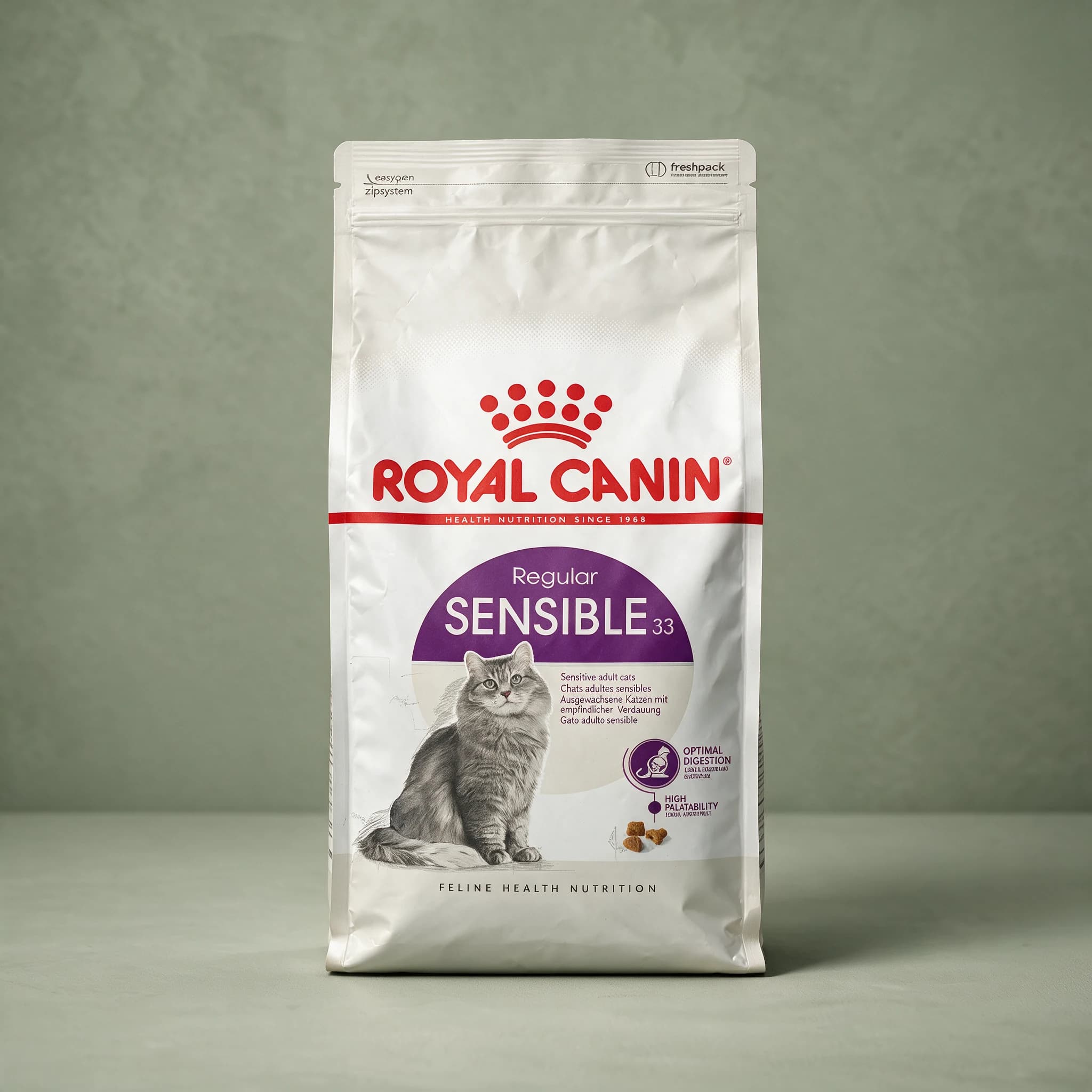 The Royal Canin Sensible Adult dry cat food bag with the red crown logo and an adult cat illustration, photographed against a plain sage green studio background.