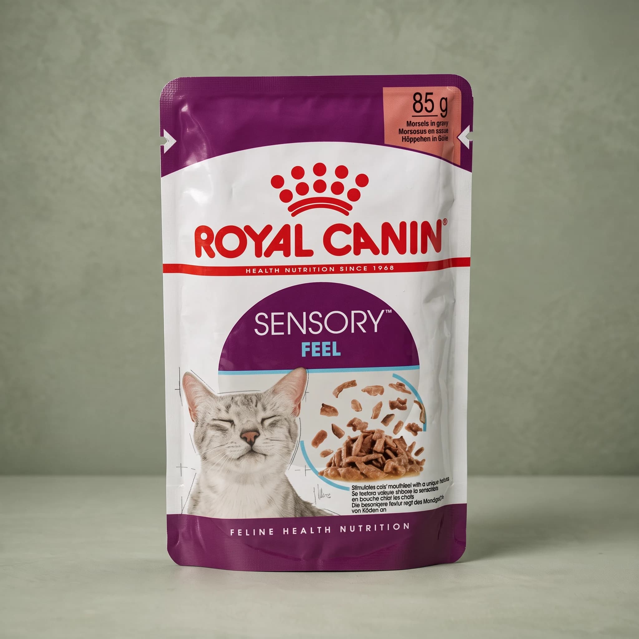 A single Royal Canin Sensory Feel Adult wet cat food pouch, featuring a cat illustration and "Sensory Feel" branding, photographed against a plain sage green studio background.