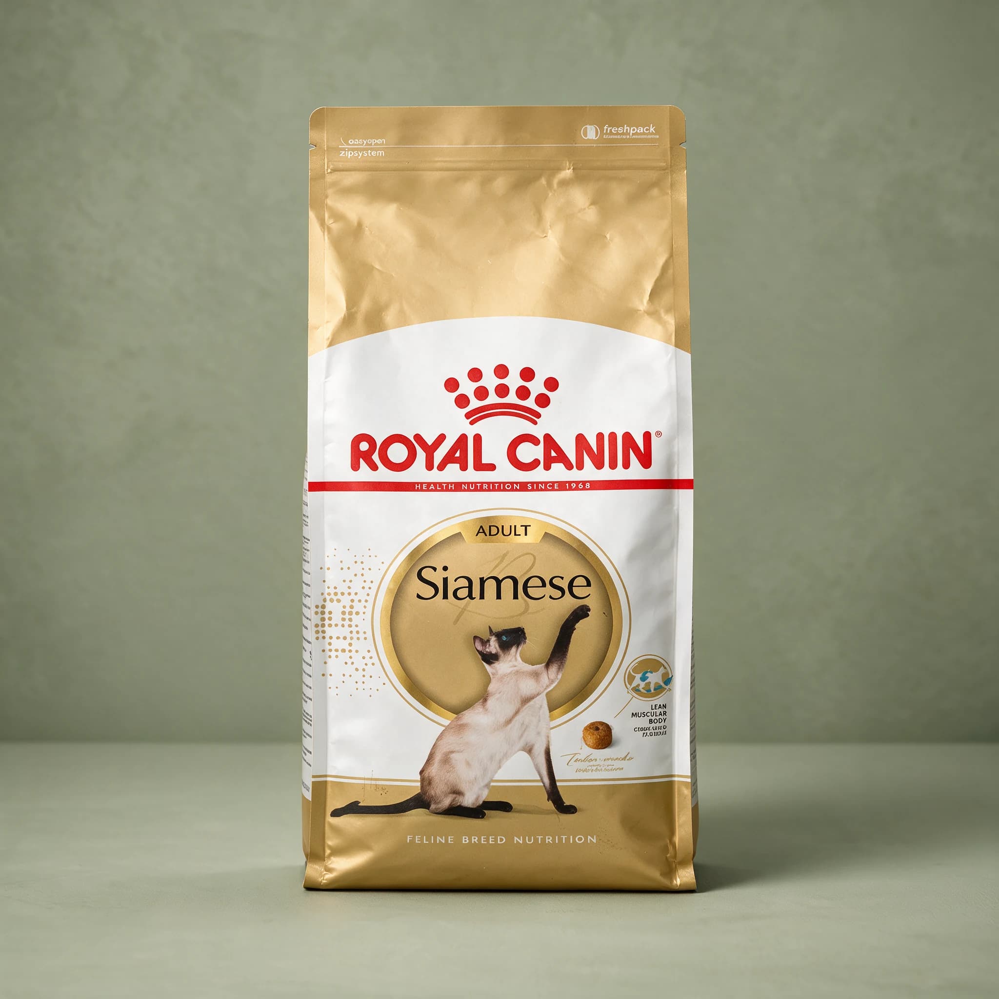 The gold and white Royal Canin Breed Health Nutrition bag labeled "Siamese Adult" with an illustration of a Siamese cat, photographed against a plain sage green studio background.
