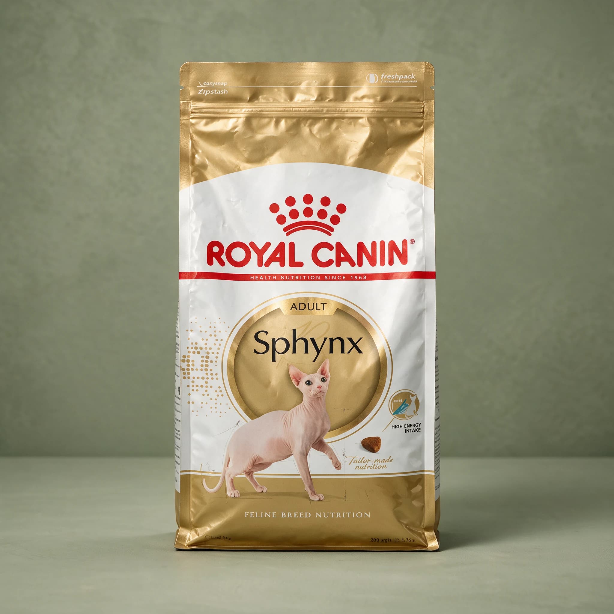 The white Royal Canin Sphynx Adult dry cat food bag featuring an illustration of a hairless Sphynx cat and breed-specific nutrition text, shown against a sage green studio background.