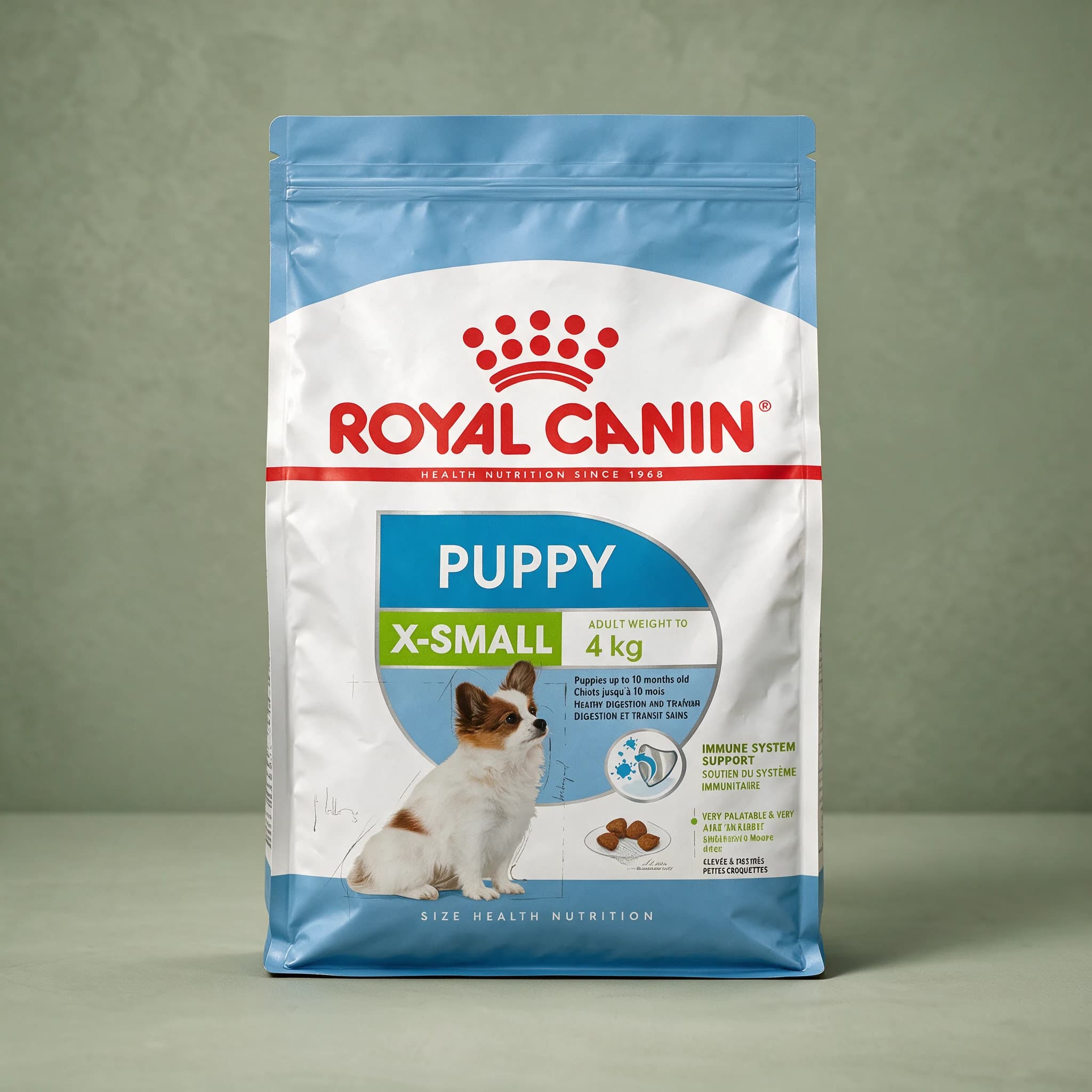The blue and white Royal Canin Puppy X-Small dry dog food bag, labelled for adult weights up to 4 kg, with a small puppy illustration on the front against a plain background.