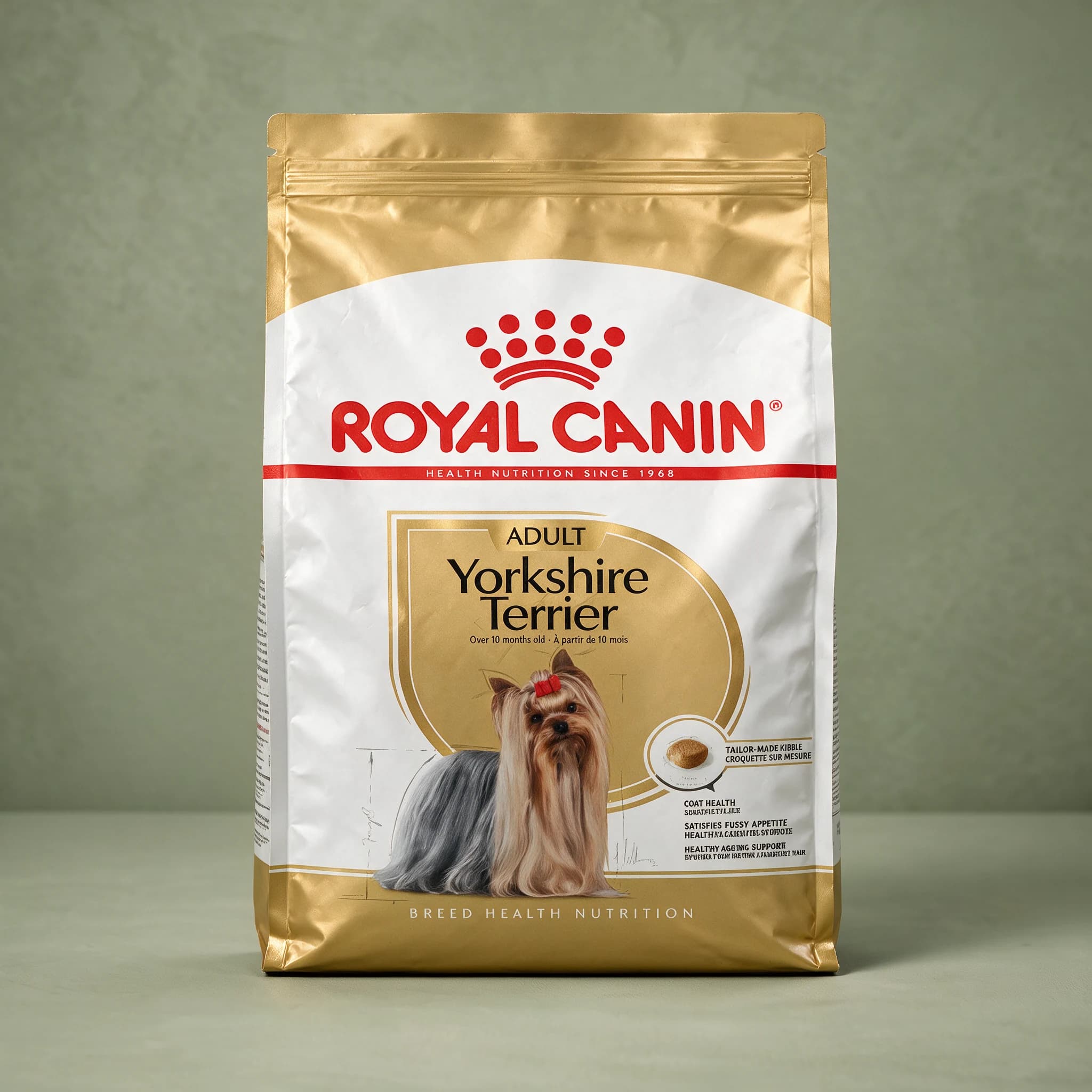 The gold and white Royal Canin Yorkshire Terrier Adult dry dog food bag, featuring an illustration of a Yorkshire Terrier with a red hair bow and "Coat Health" and "Satisfies Fussy Appetite" callouts, photographed against a plain sage green studio background.