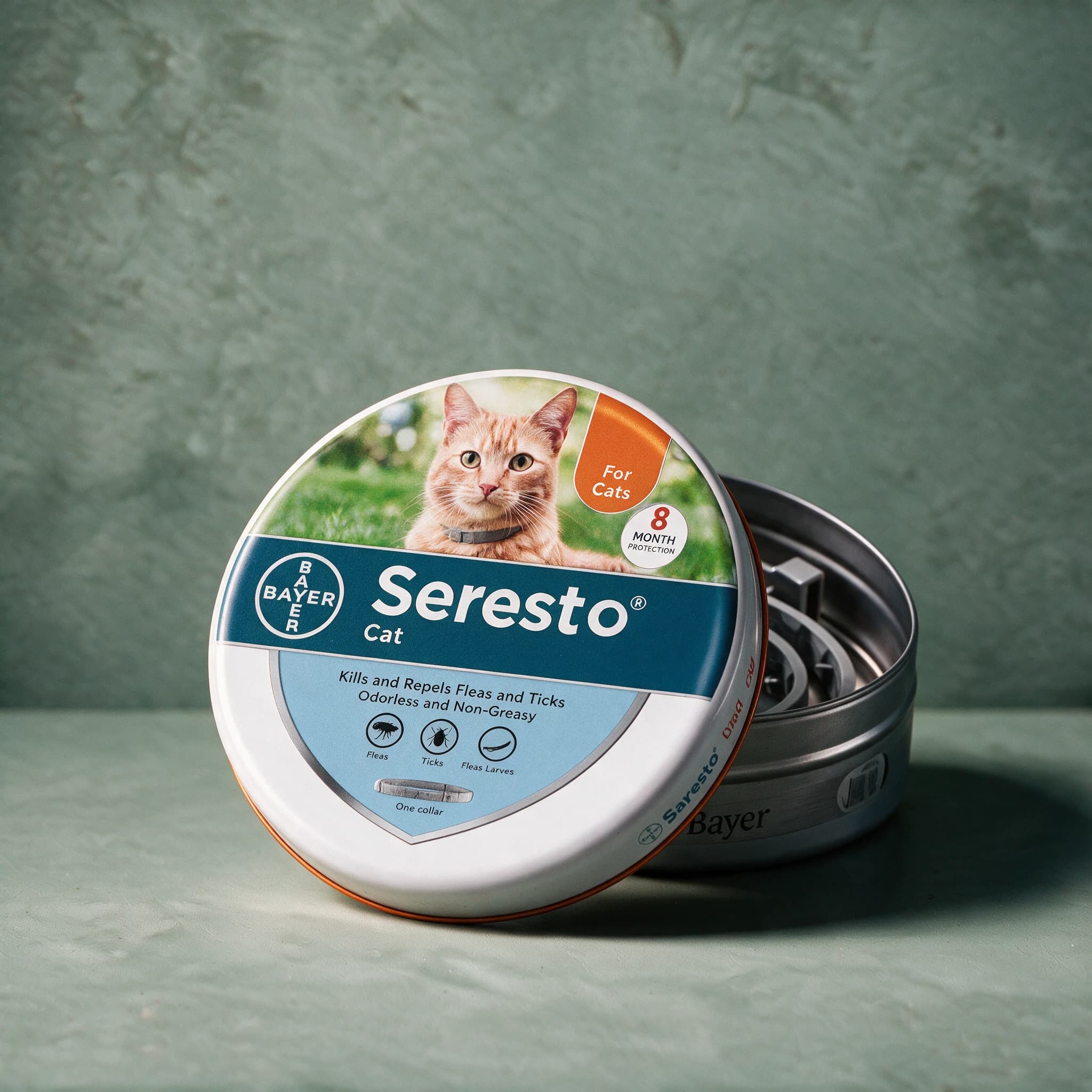 White and blue Seresto Flea & Tick Collar box for cats, with the Seresto logo, and a cat photo.