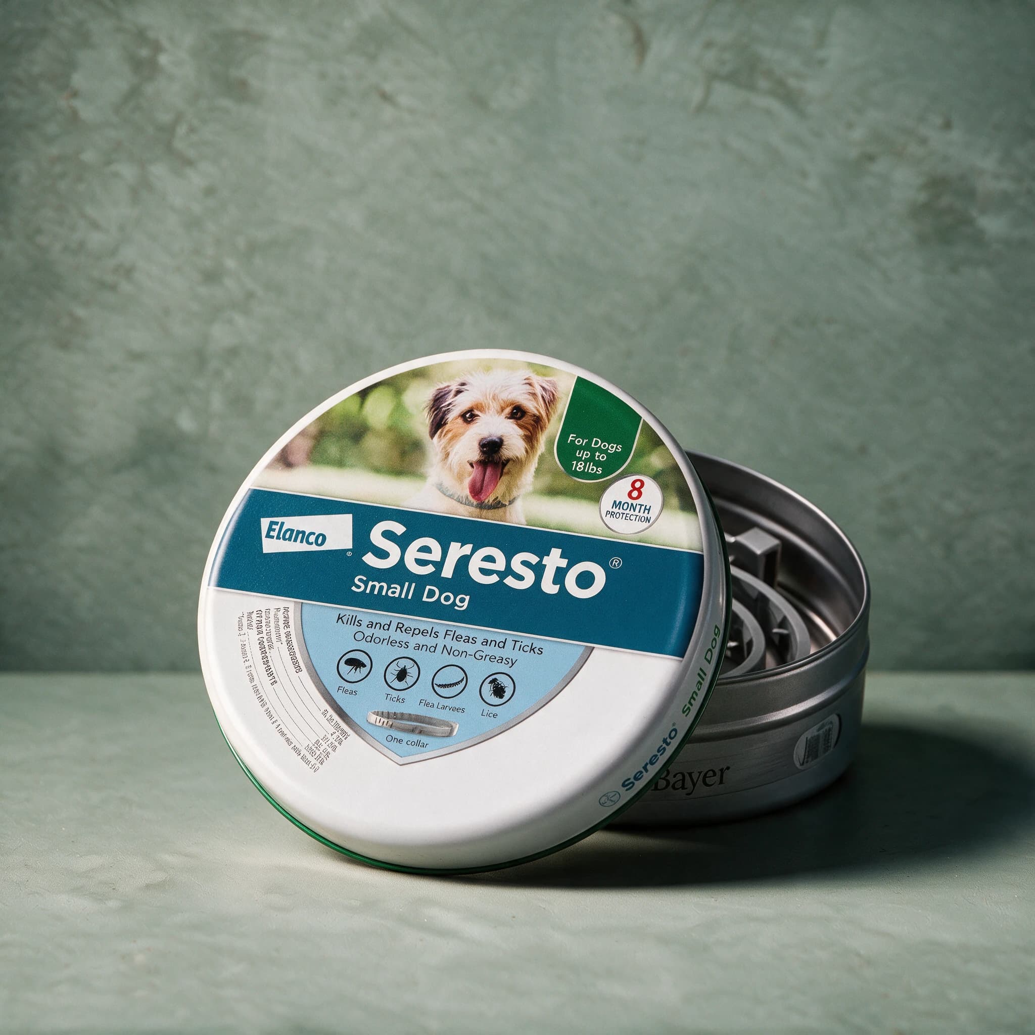 White and blue Seresto Flea & Tick Collar box for small dogs (up to 8kg), with the Seresto logo, and a small dog photo.