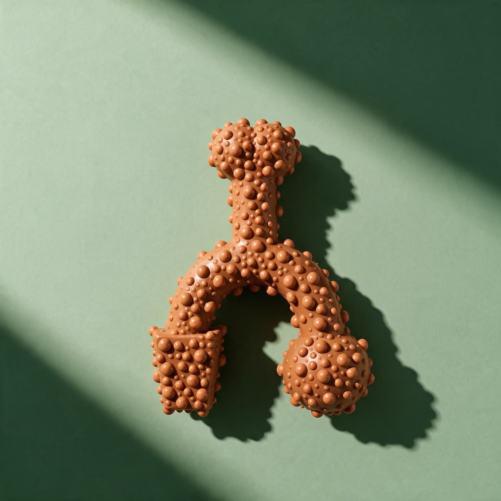 Close-up overhead shot of the brown Tasty Bone chew toy alone, highlighting its densely nubbled, bobble-textured surface and curved bone shape, on a sage green background.