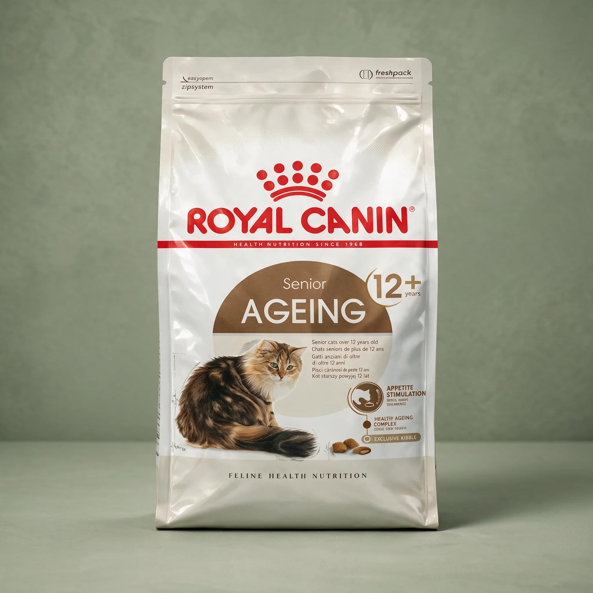 The Royal Canin Ageing 12+ dry cat food bag with the red crown logo and a senior cat illustration, photographed against a plain sage green studio background.